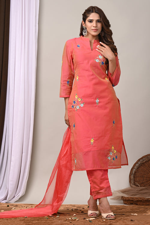 Coral Rose Bloom Hand-Embroidered Chanderi Silk Suit Set