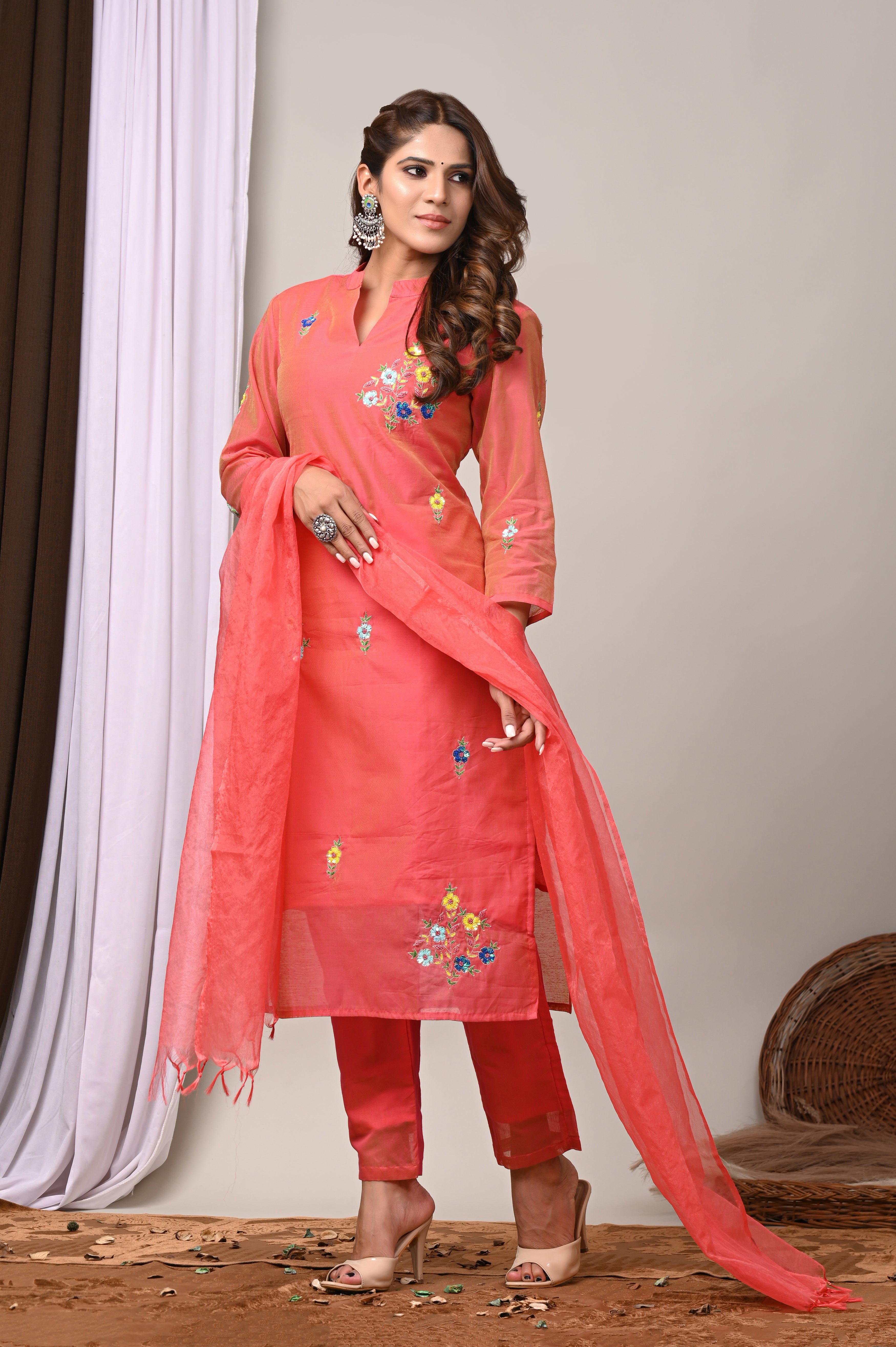 Coral Rose Bloom Hand-Embroidered Chanderi Silk Suit Set