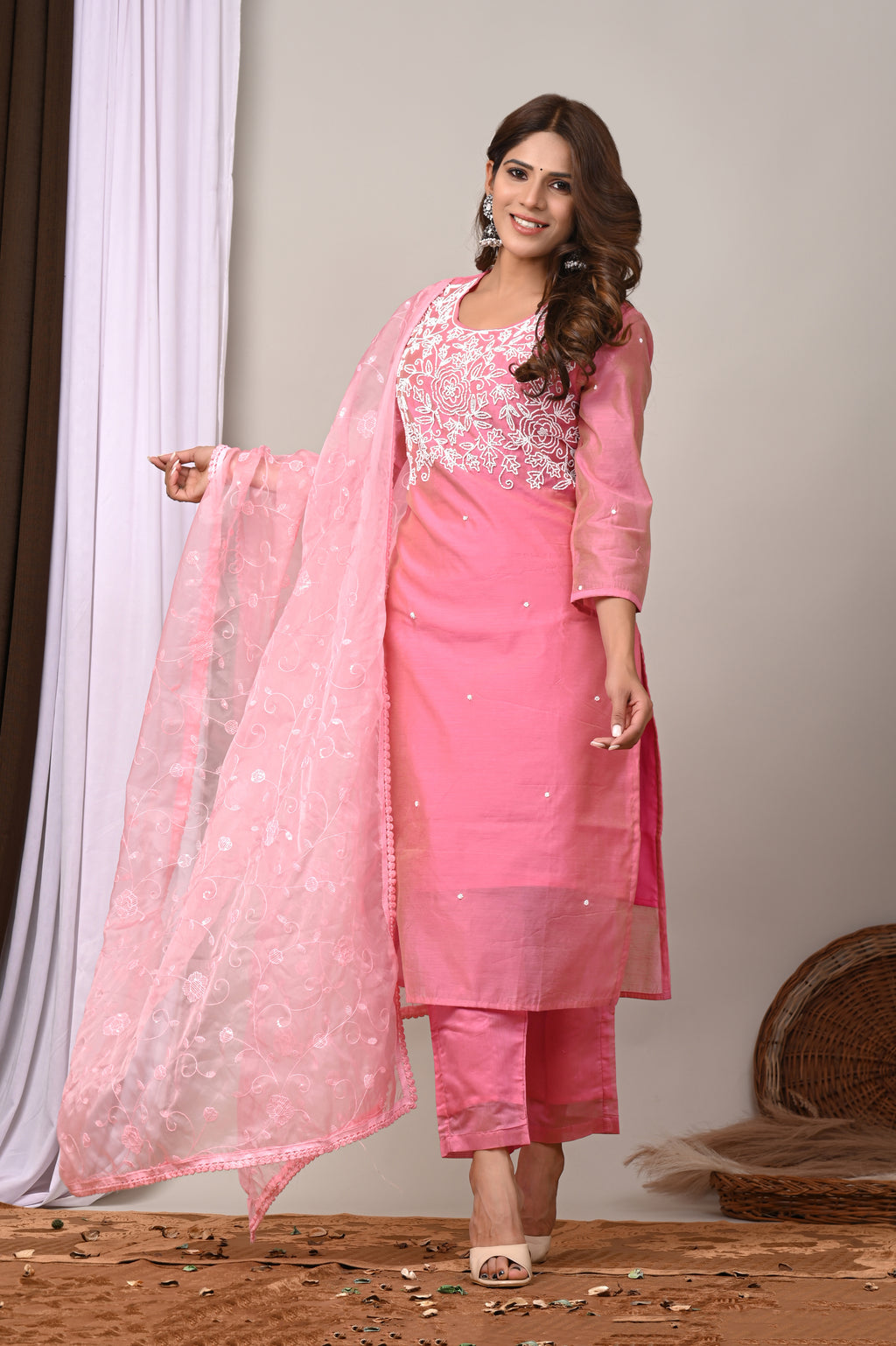 Blossom Pink Hand-Embroidered Chanderi Silk Suit Set