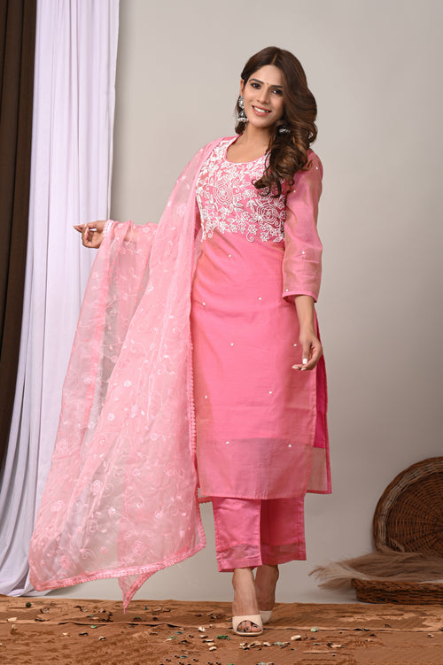 Blossom Pink Hand-Embroidered Chanderi Silk Suit Set