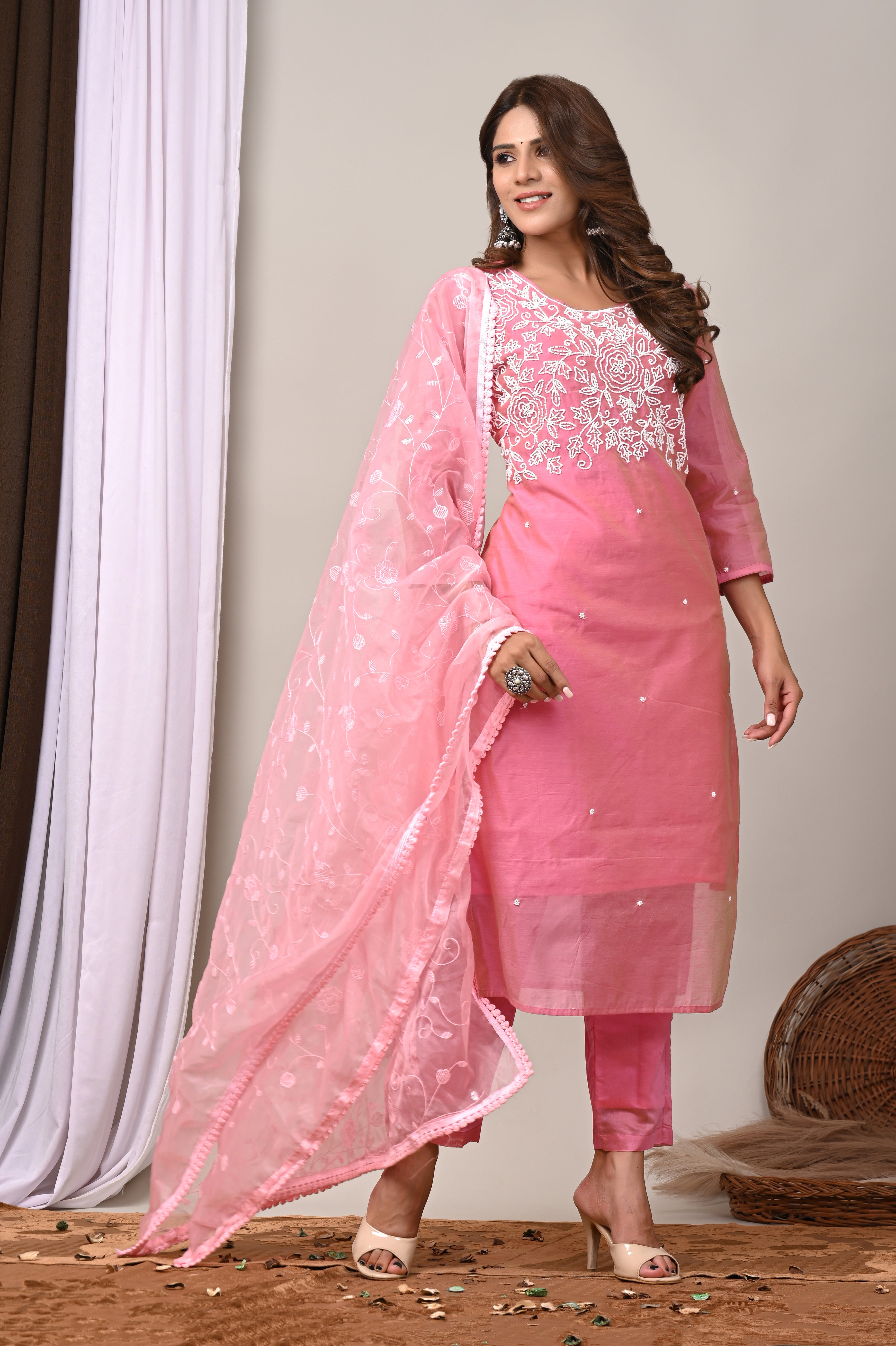 Blossom Pink Hand-Embroidered Chanderi Silk Suit Set