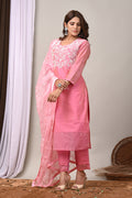 Blossom Pink Hand-Embroidered Chanderi Silk Suit Set