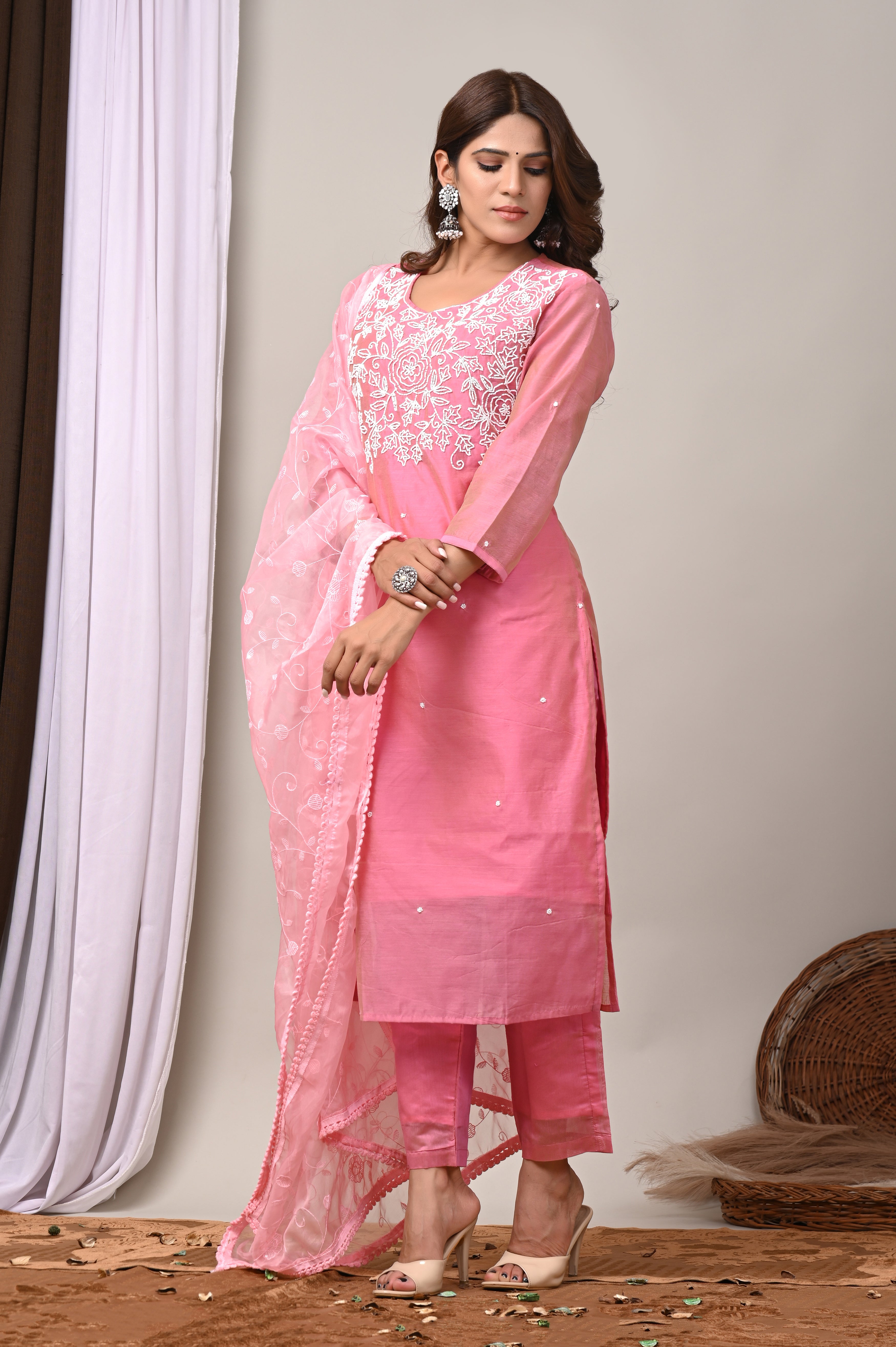 Blossom Pink Hand-Embroidered Chanderi Silk Suit Set
