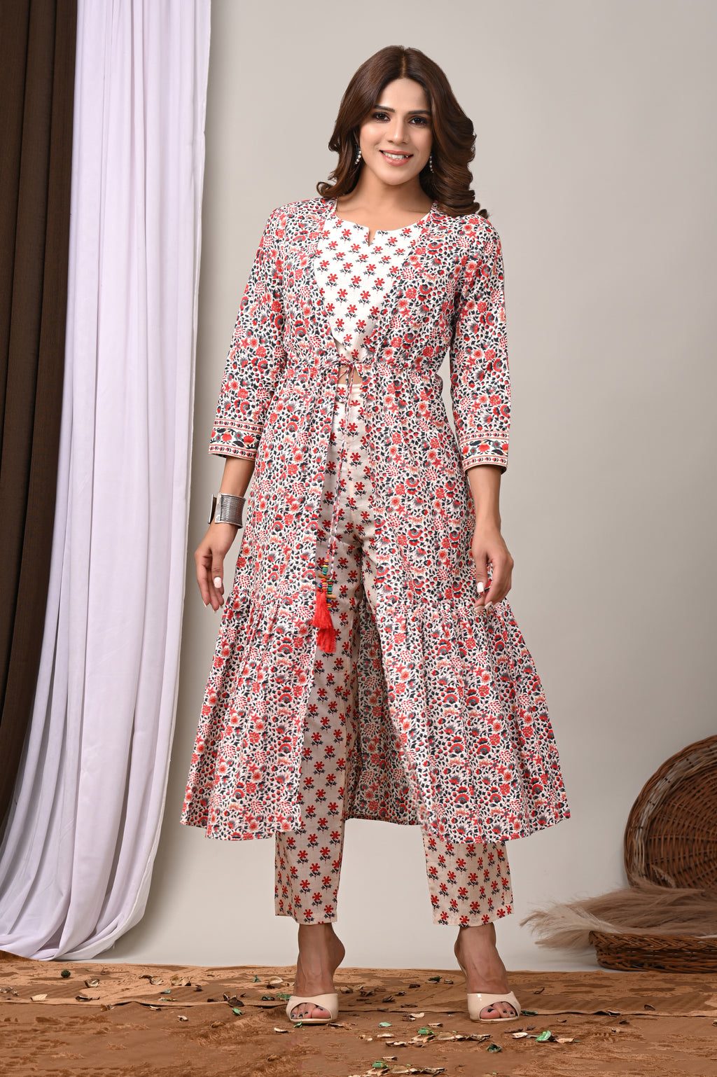 Scarlet Bloom Cotton Shrug & Pant Set