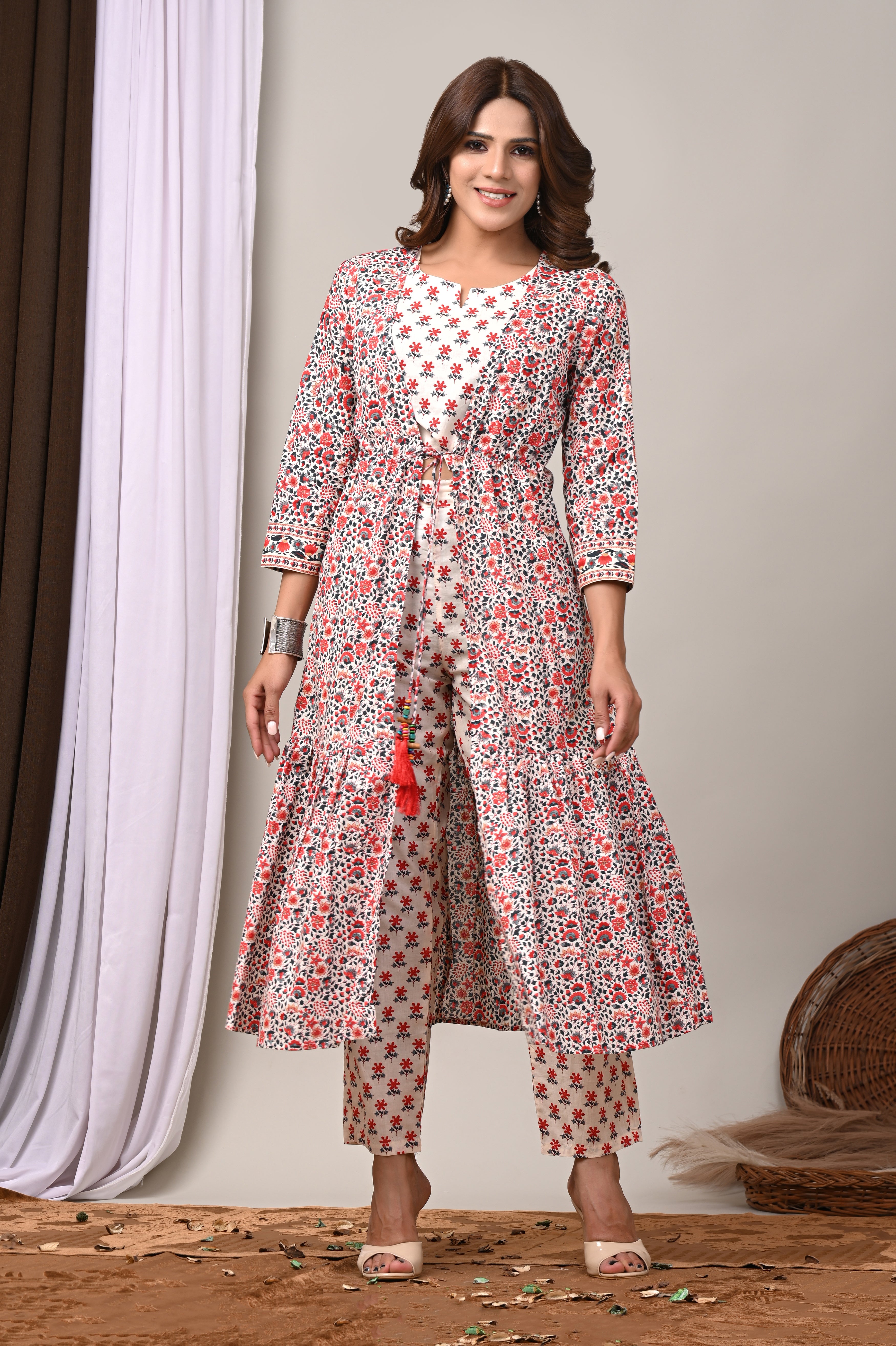 Scarlet Bloom Cotton Shrug & Pant Set