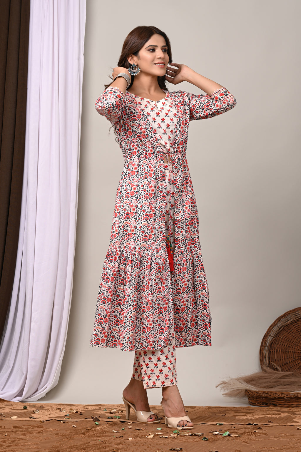 Scarlet Bloom Cotton Shrug & Pant Set
