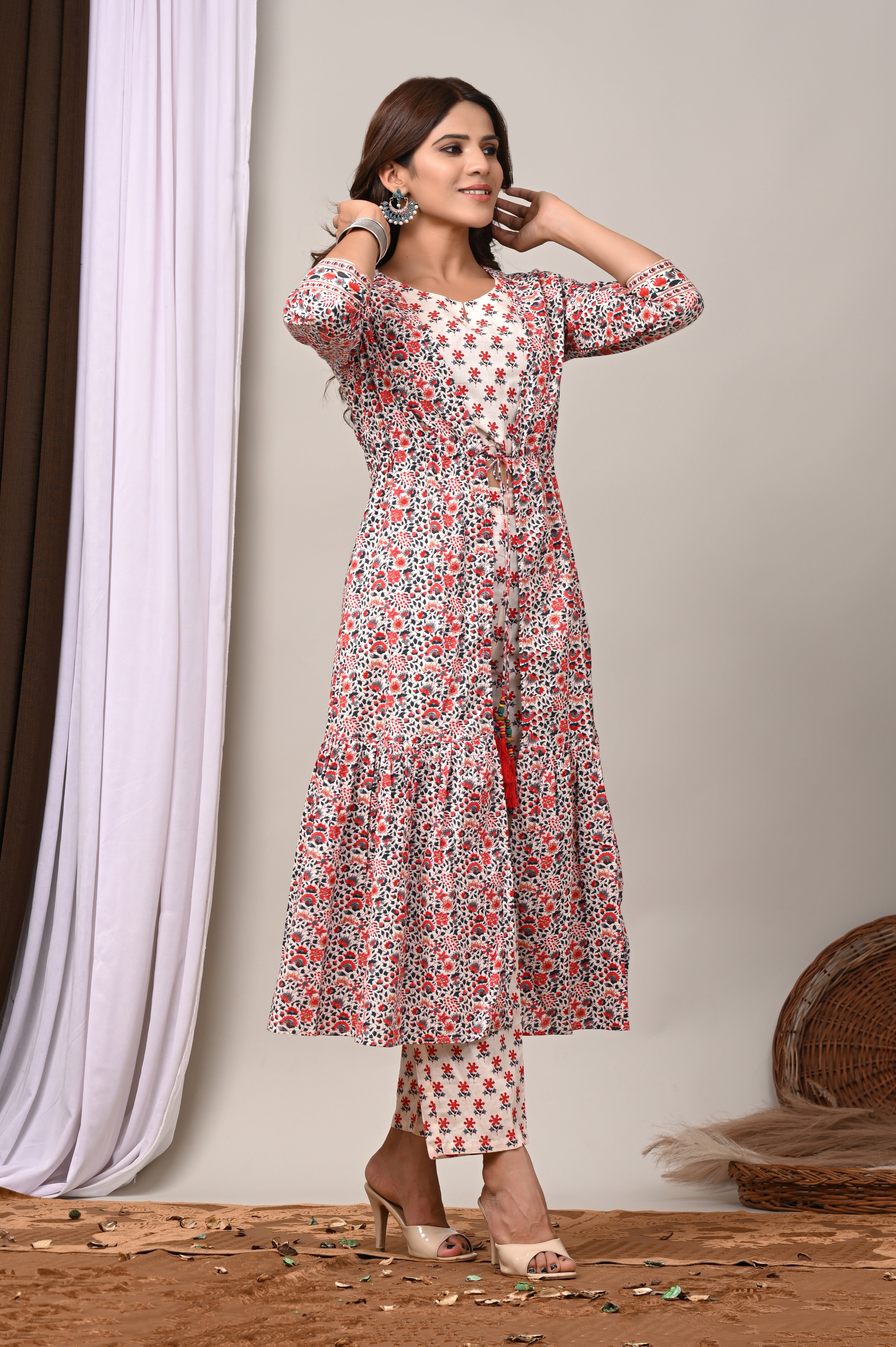 Scarlet Bloom Cotton Shrug & Pant Set