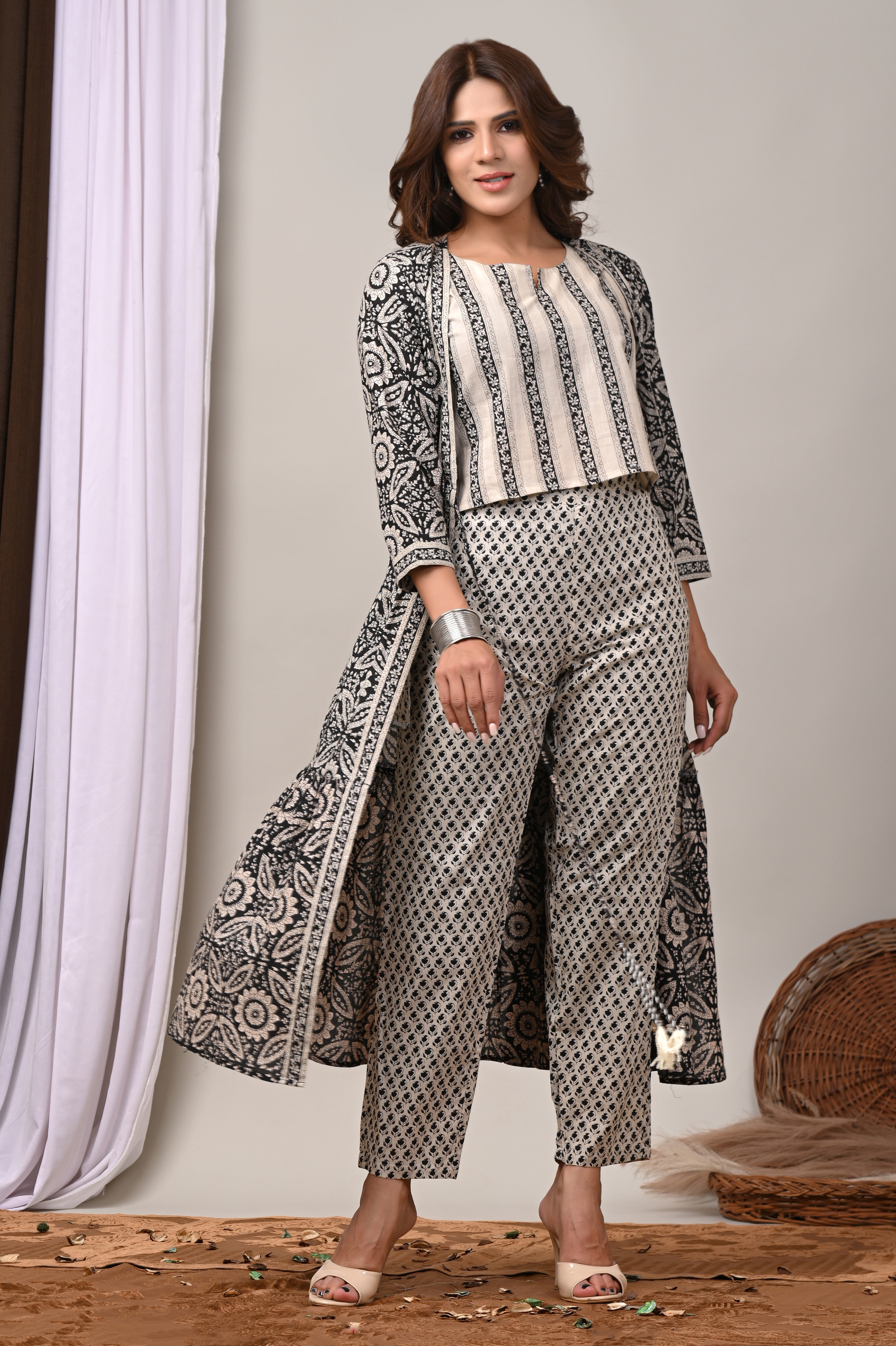 Charcoal Mandala Cotton Shrug & Pant Set