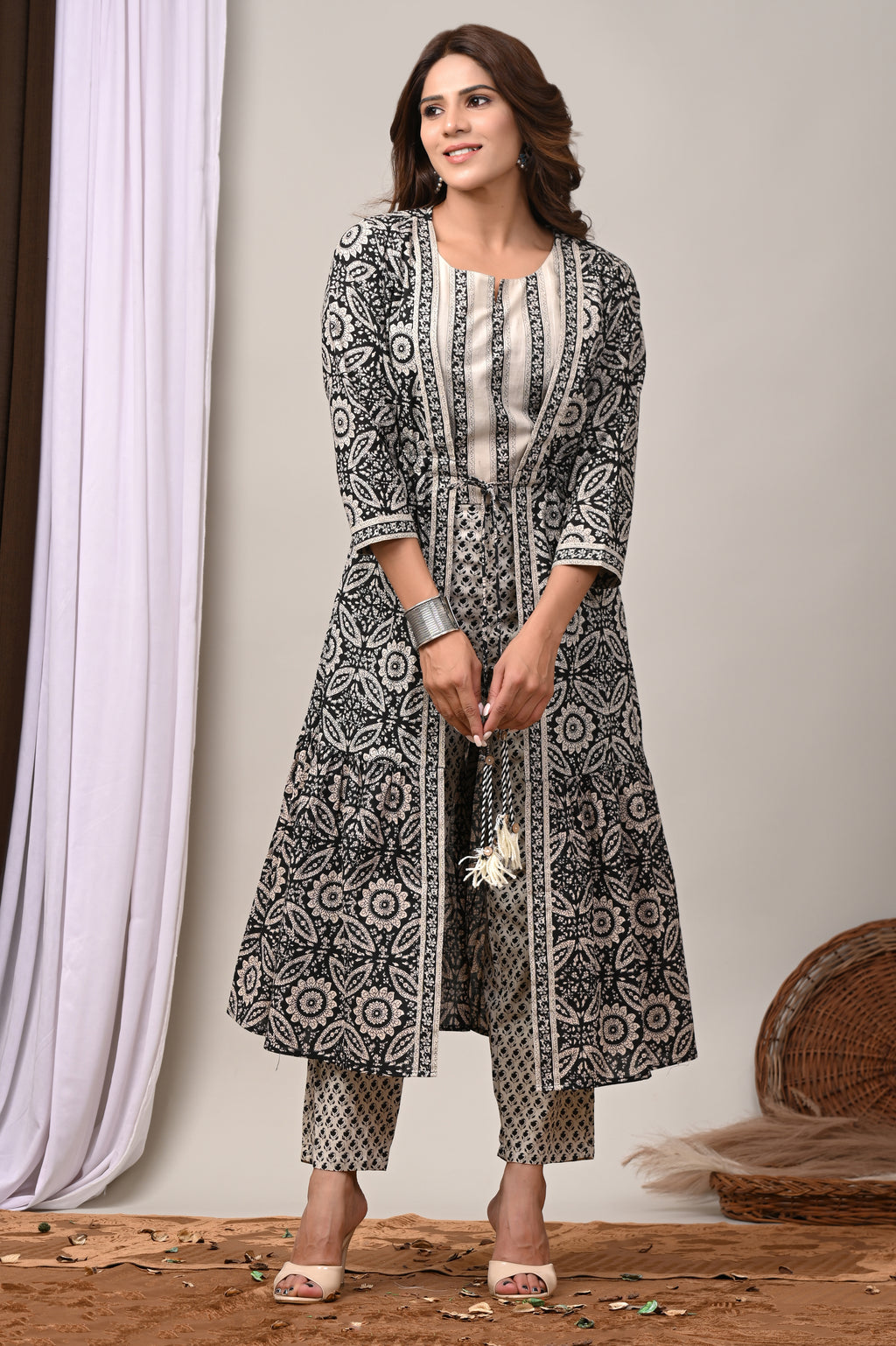 Charcoal Mandala Cotton Shrug & Pant Set