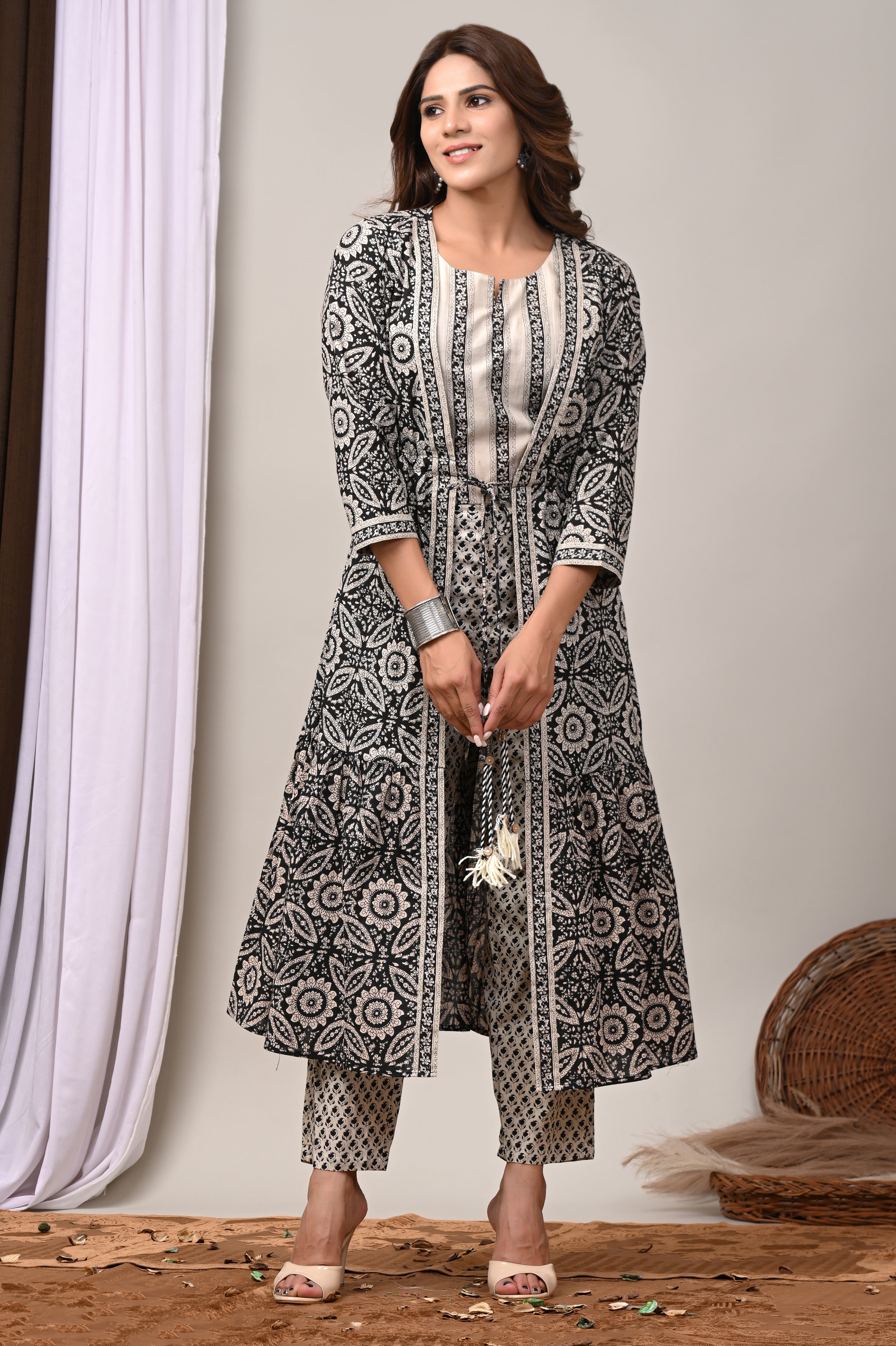 Charcoal Mandala Cotton Shrug & Pant Set