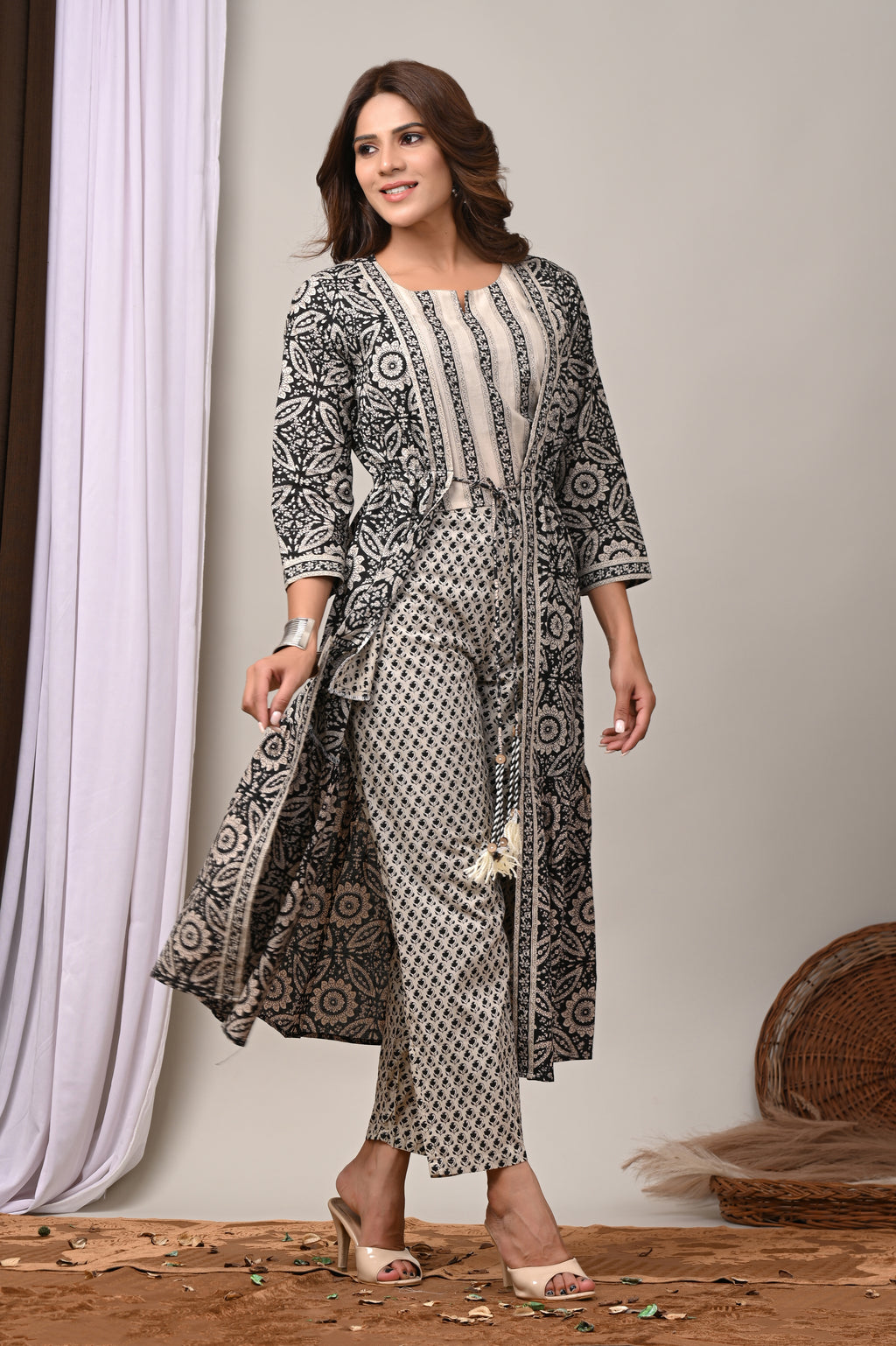 Charcoal Mandala Cotton Shrug & Pant Set