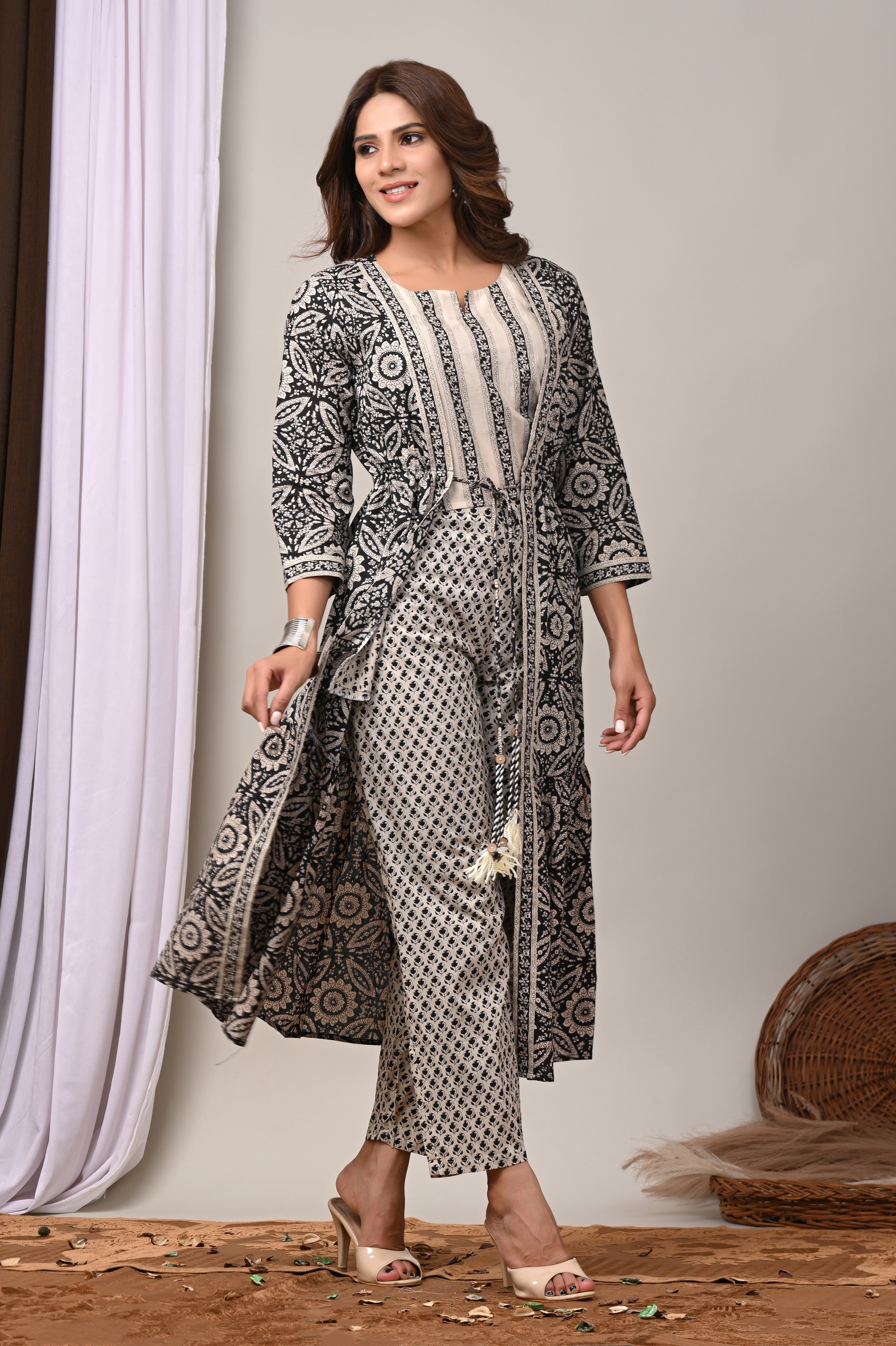Charcoal Mandala Cotton Shrug & Pant Set