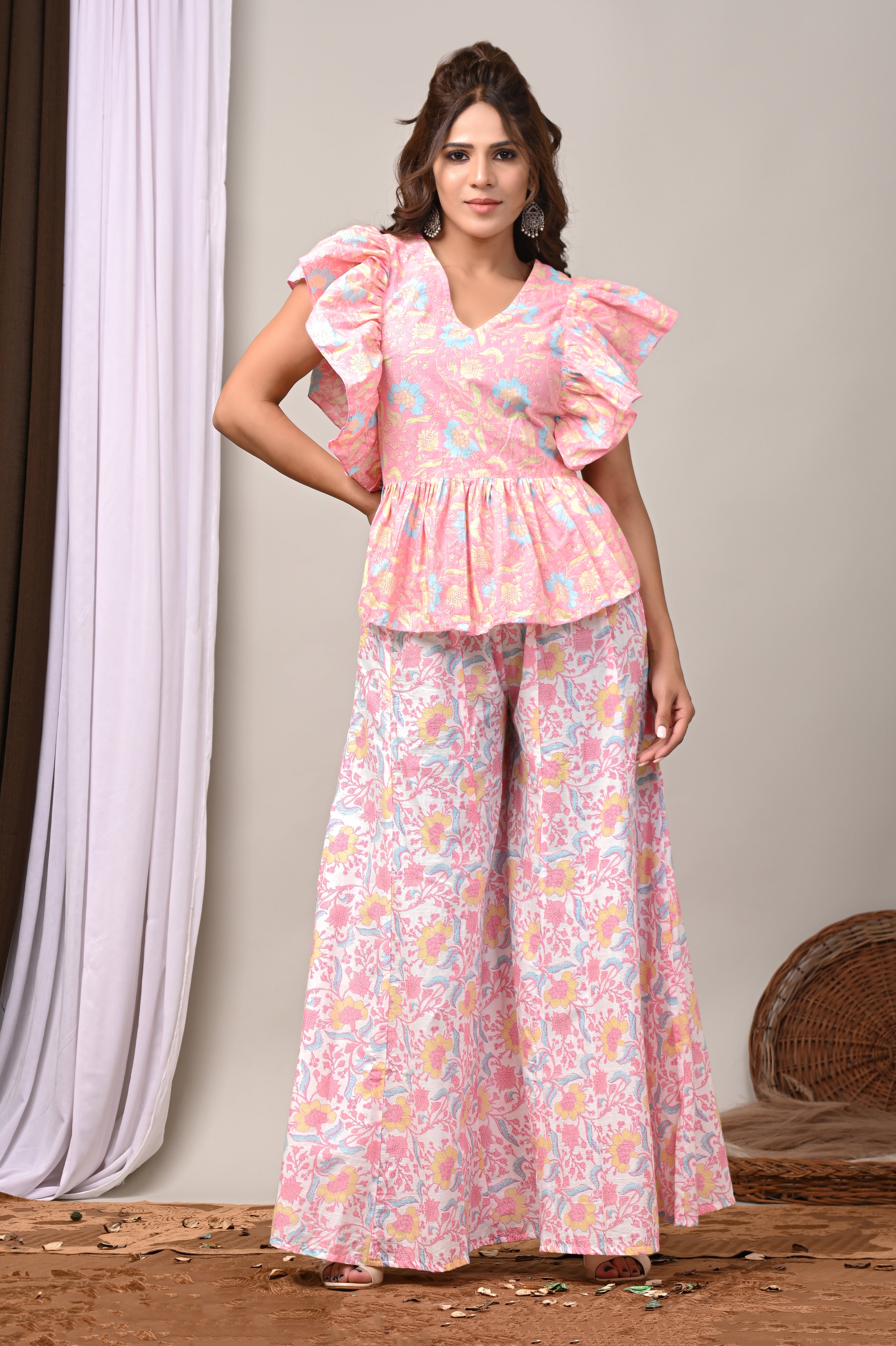 Peony Bloom Sanganeri Peplum & Palazzo Set