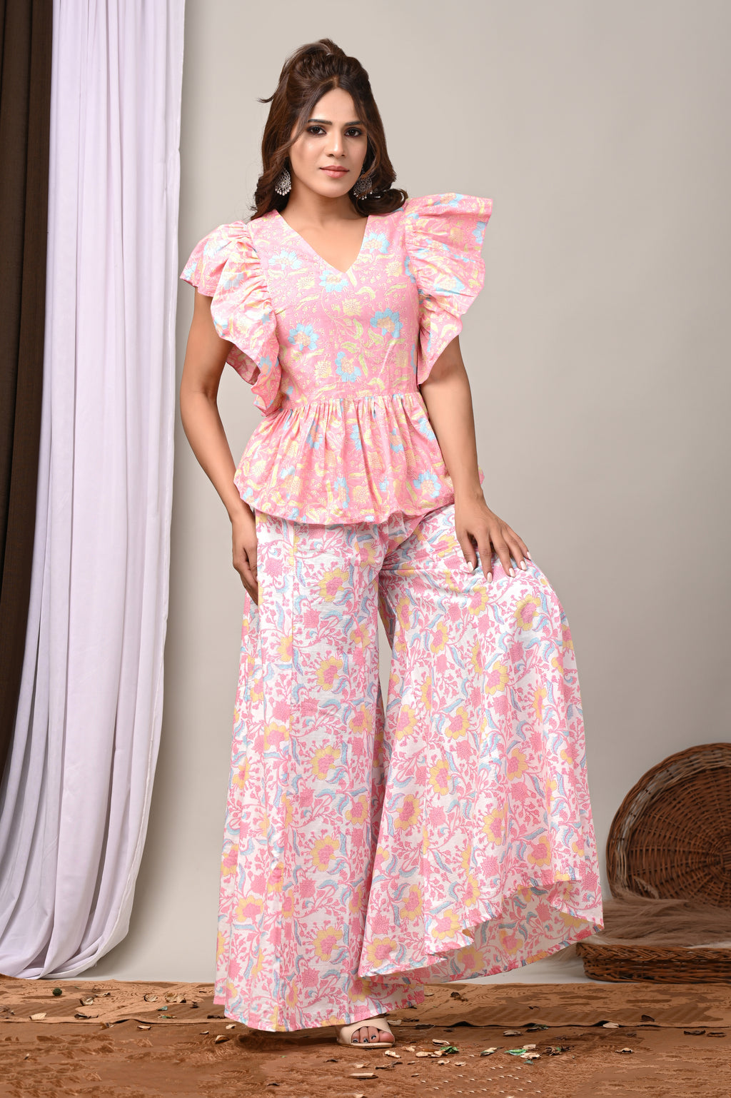 Peony Bloom Sanganeri Peplum & Palazzo Set