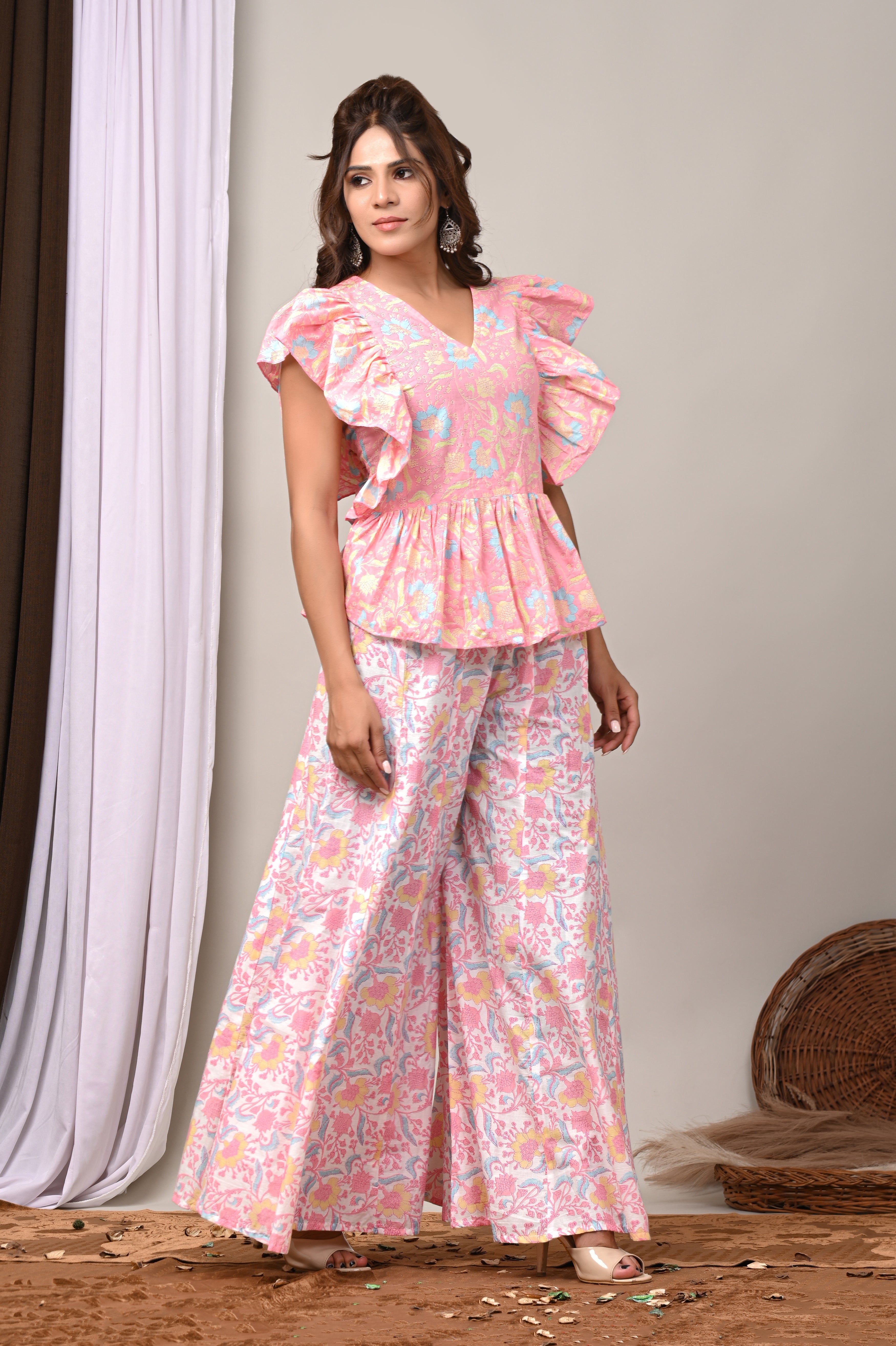 Peony Bloom Sanganeri Peplum & Palazzo Set