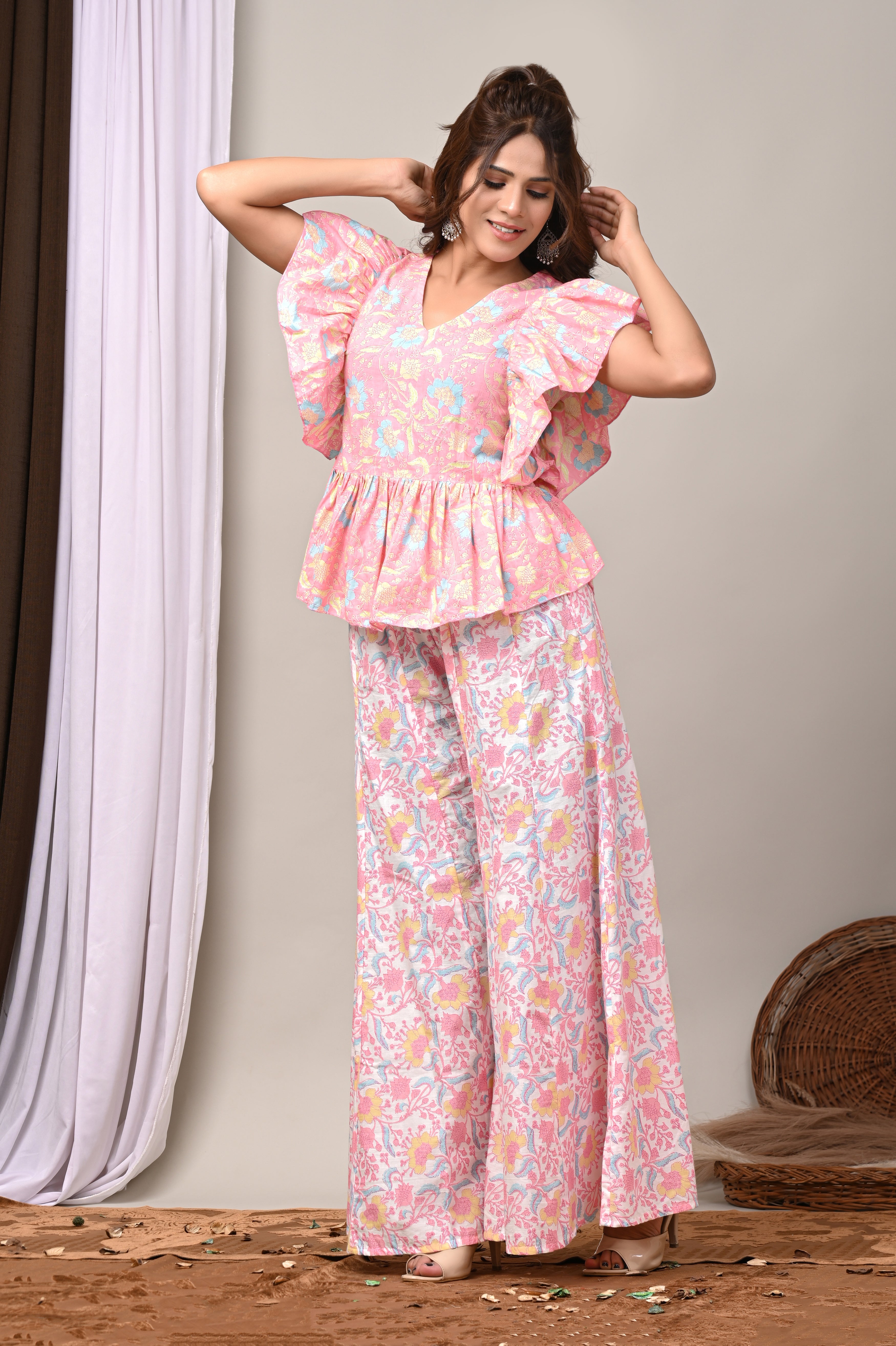 Peony Bloom Sanganeri Peplum & Palazzo Set