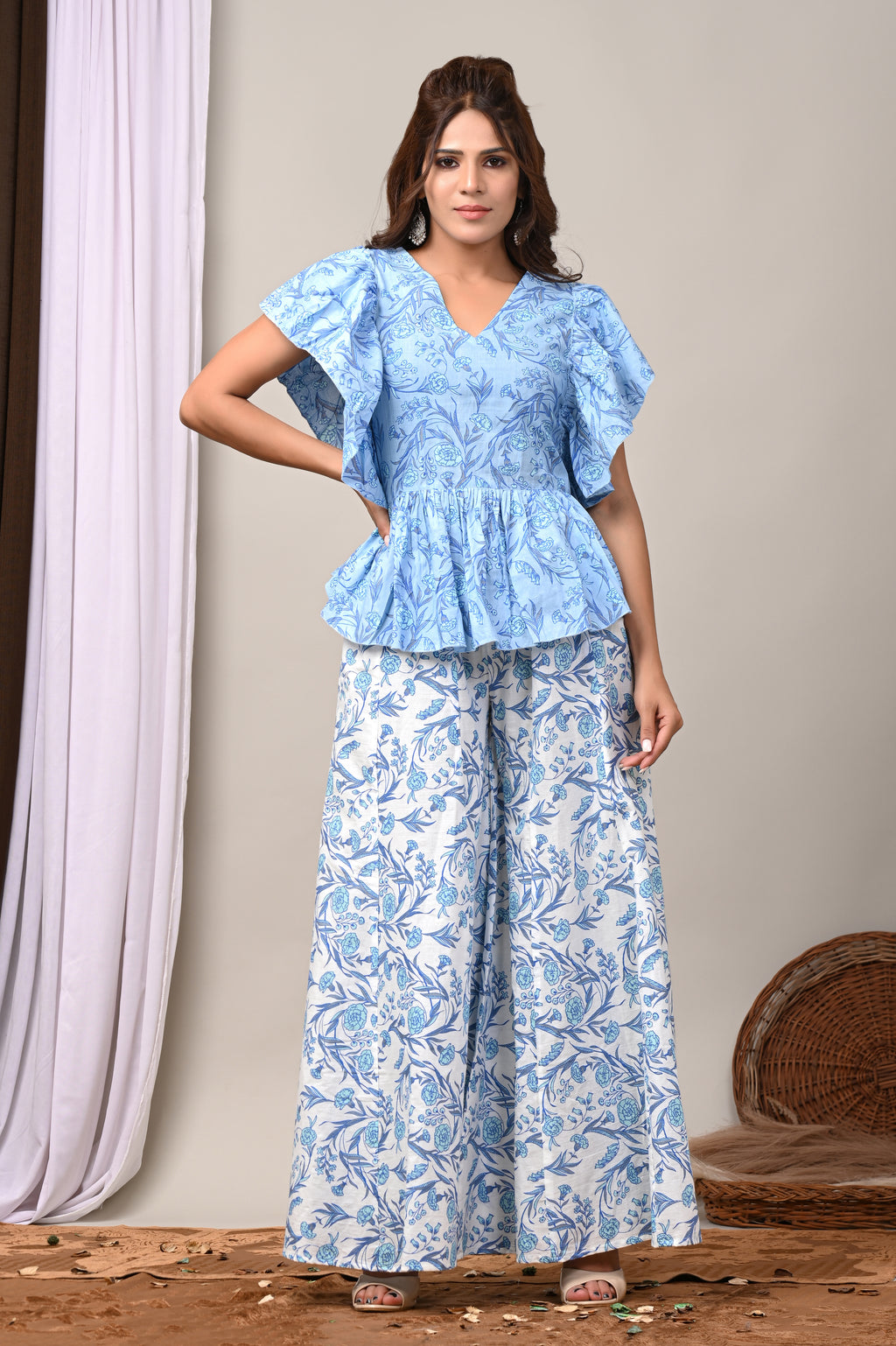 Azure Sky Sanganeri Peplum & Palazzo Set