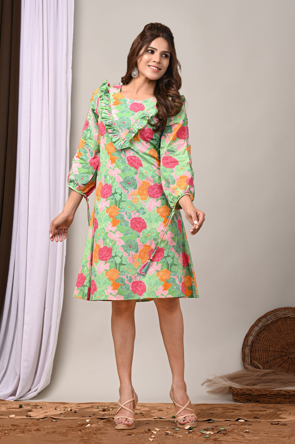 Meadow Green Sanganeri Ruffle Fusion Dress