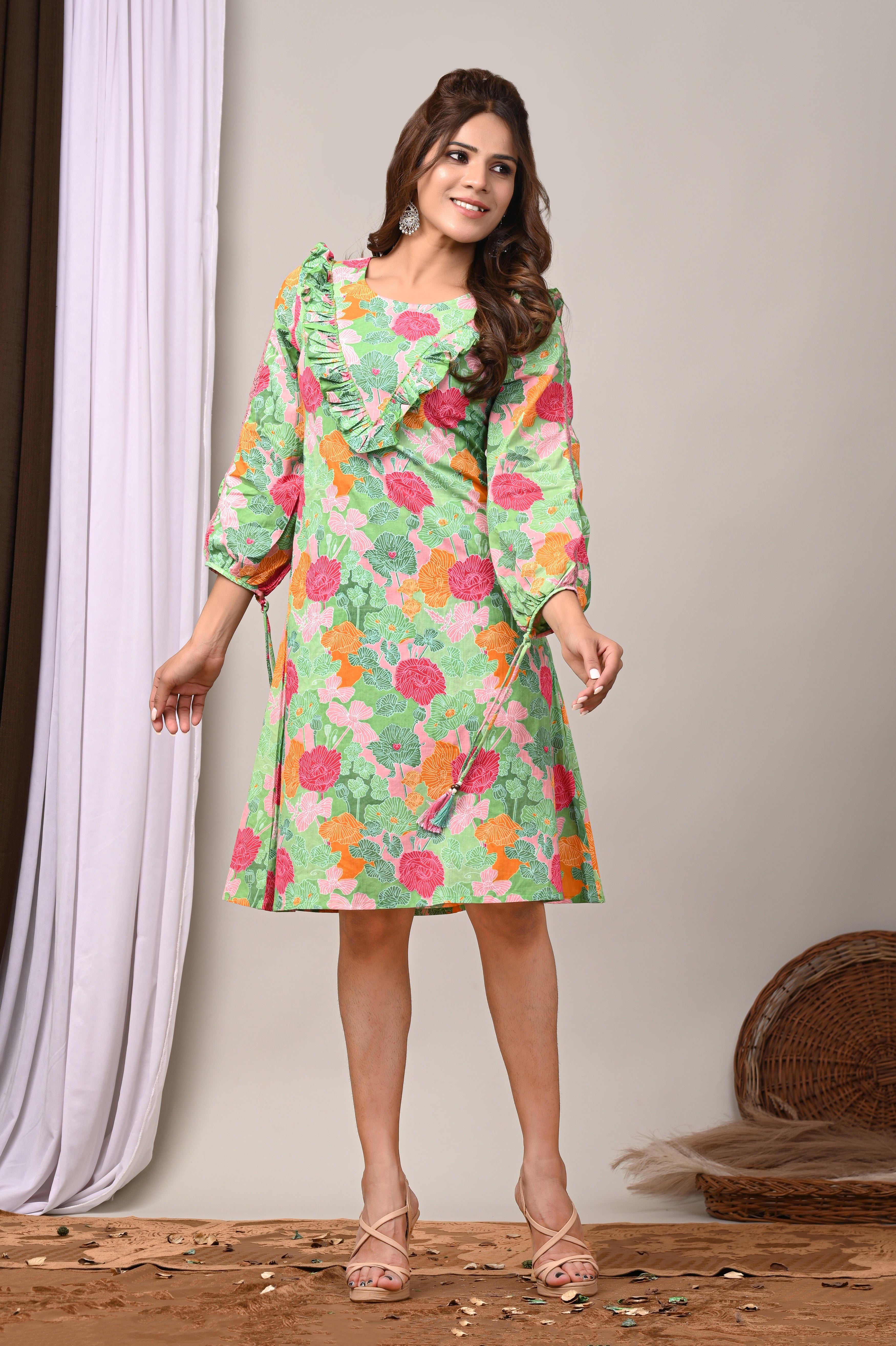 Meadow Green Sanganeri Ruffle Fusion Dress