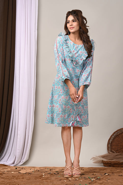 Aqua Blossom Sanganeri Ruffle Fusion Dress