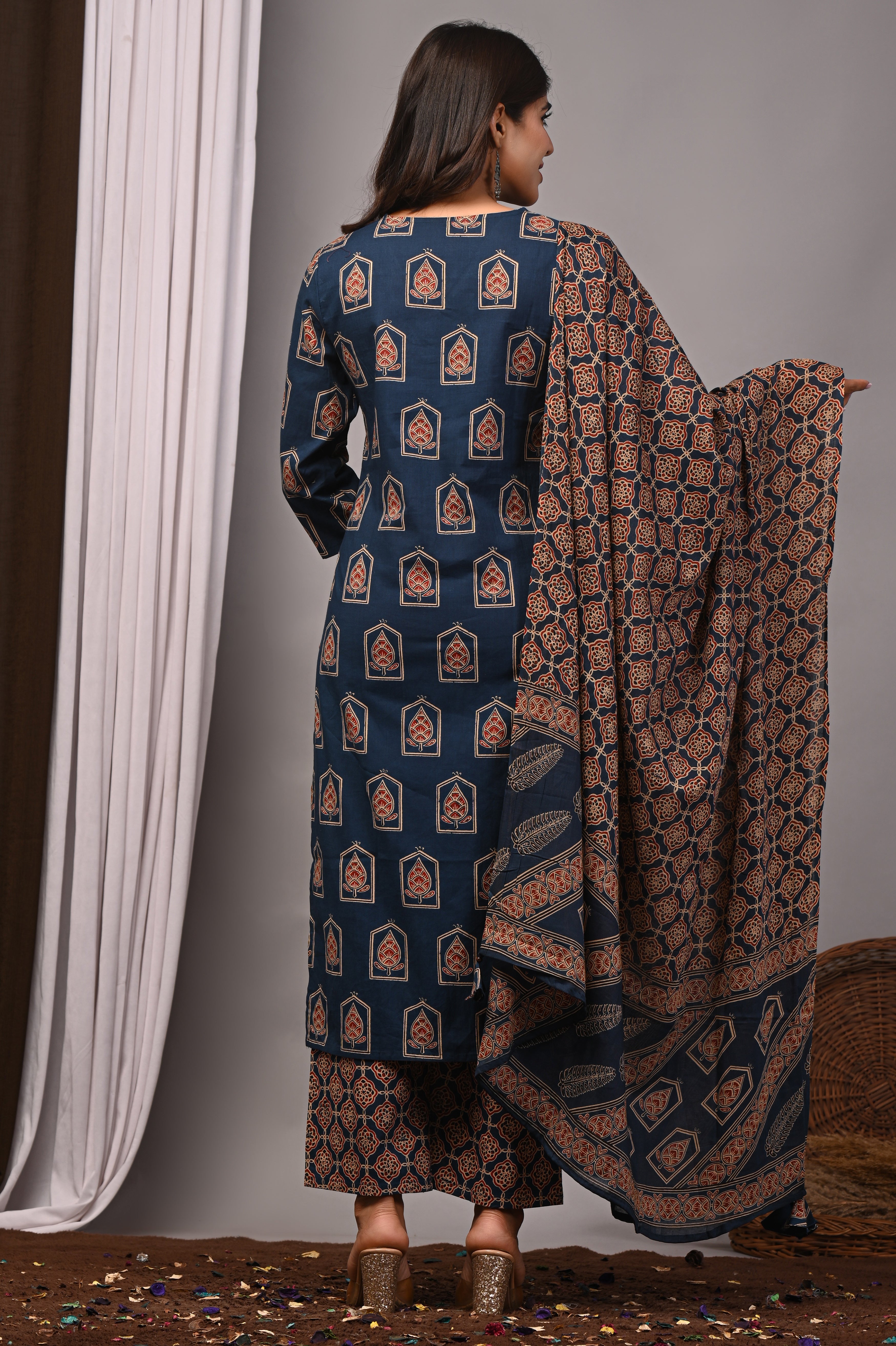 Indigo Blue Jharokha Motif Straight Kurta Palazzo Set