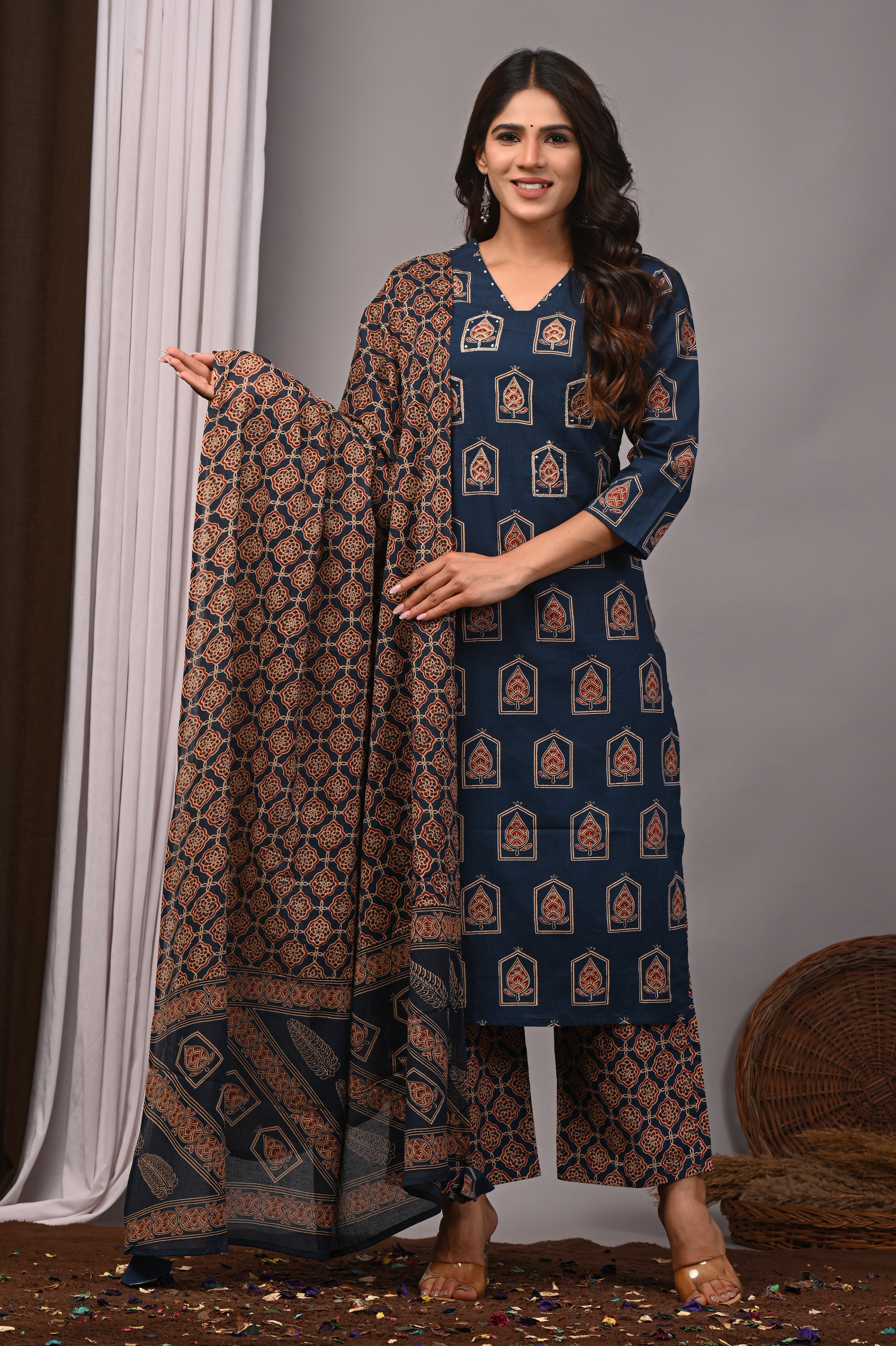 Indigo Blue Jharokha Motif Straight Kurta Palazzo Set