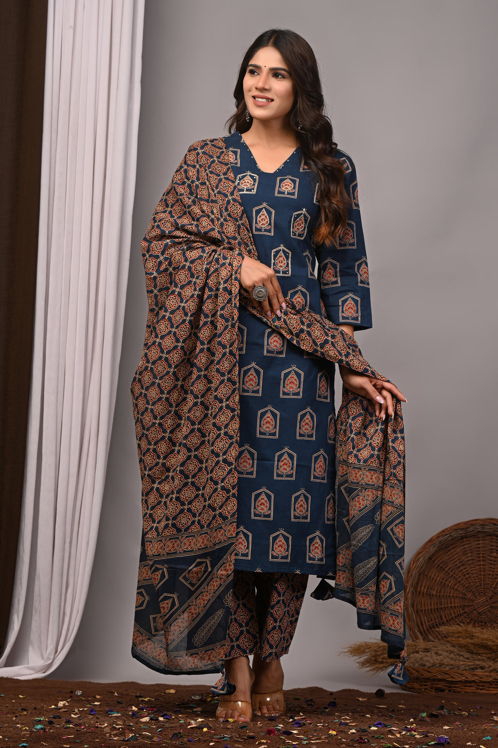 Indigo Blue Jharokha Motif Straight Kurta Palazzo Set