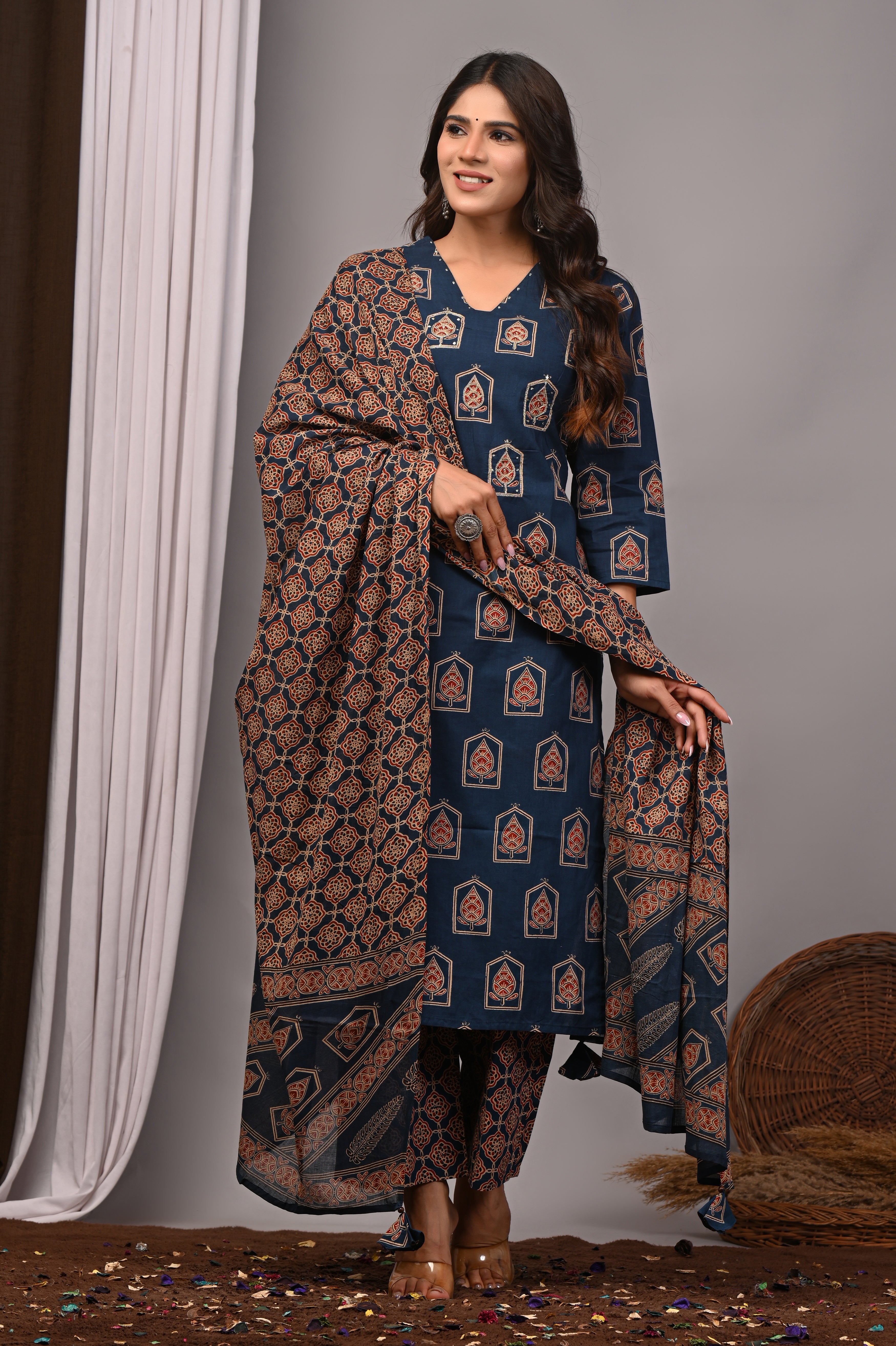 Indigo Blue Jharokha Motif Straight Kurta Palazzo Set