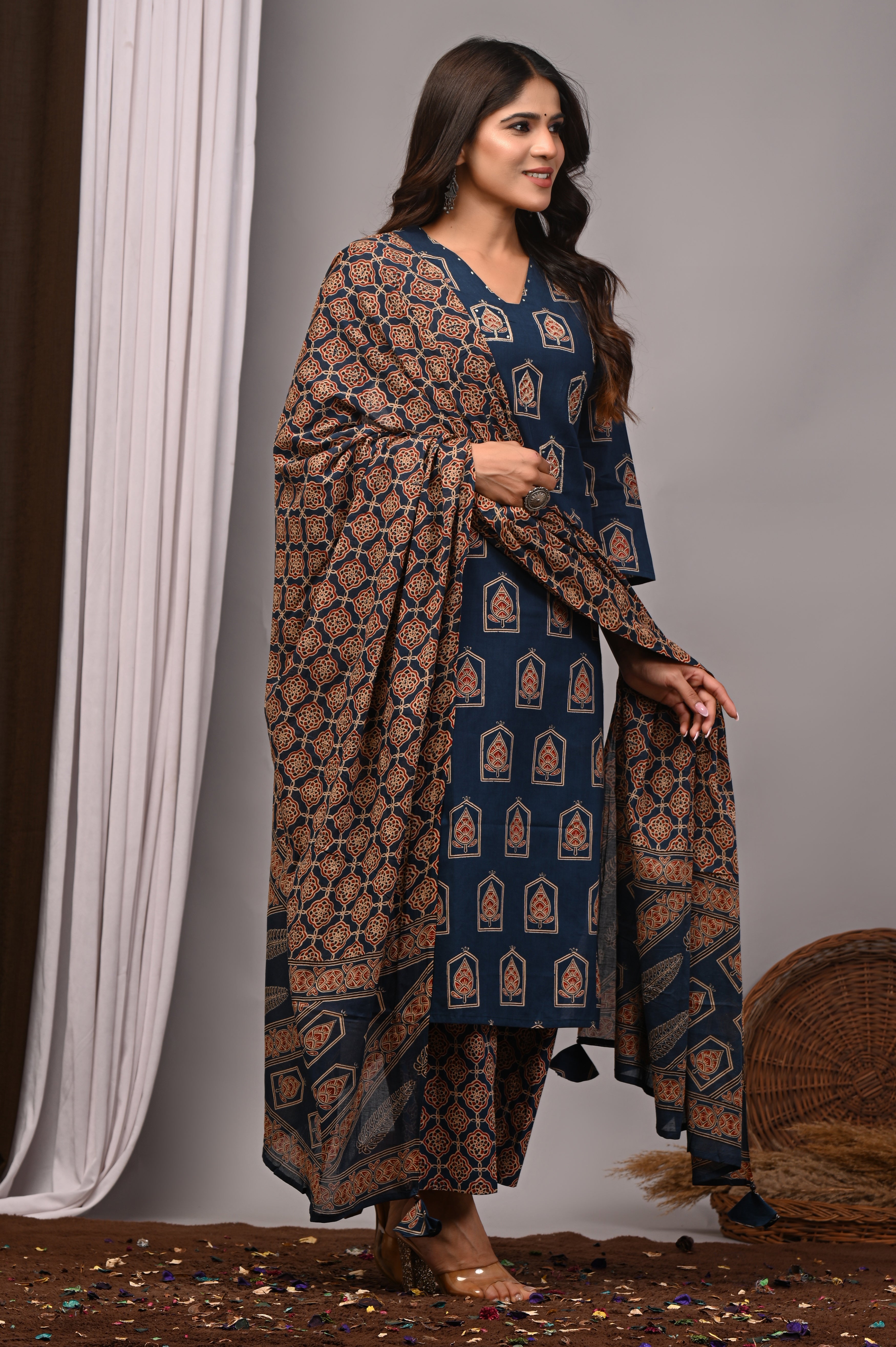 Indigo Blue Jharokha Motif Straight Kurta Palazzo Set