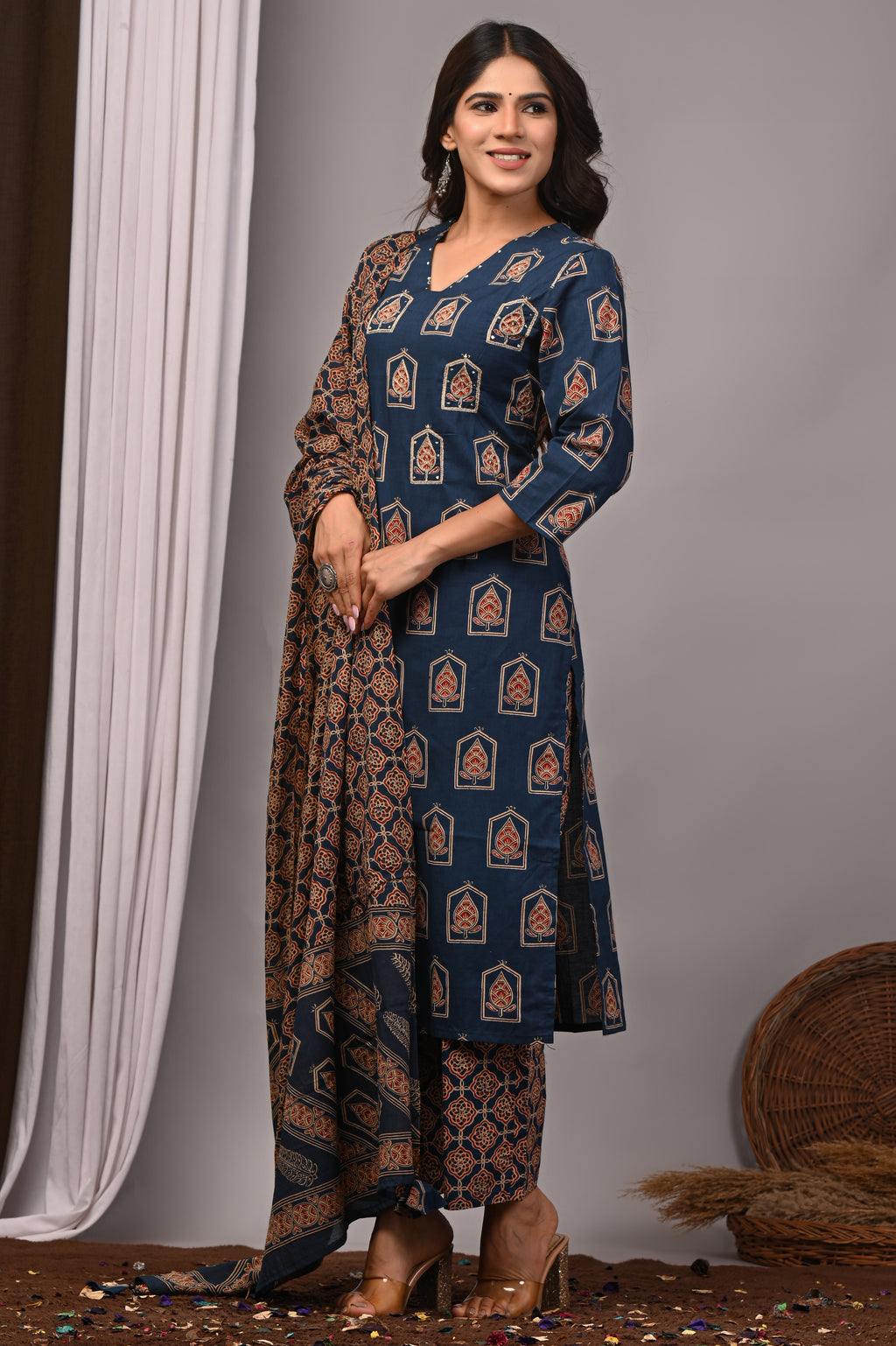 Indigo Blue Jharokha Motif Straight Kurta Palazzo Set