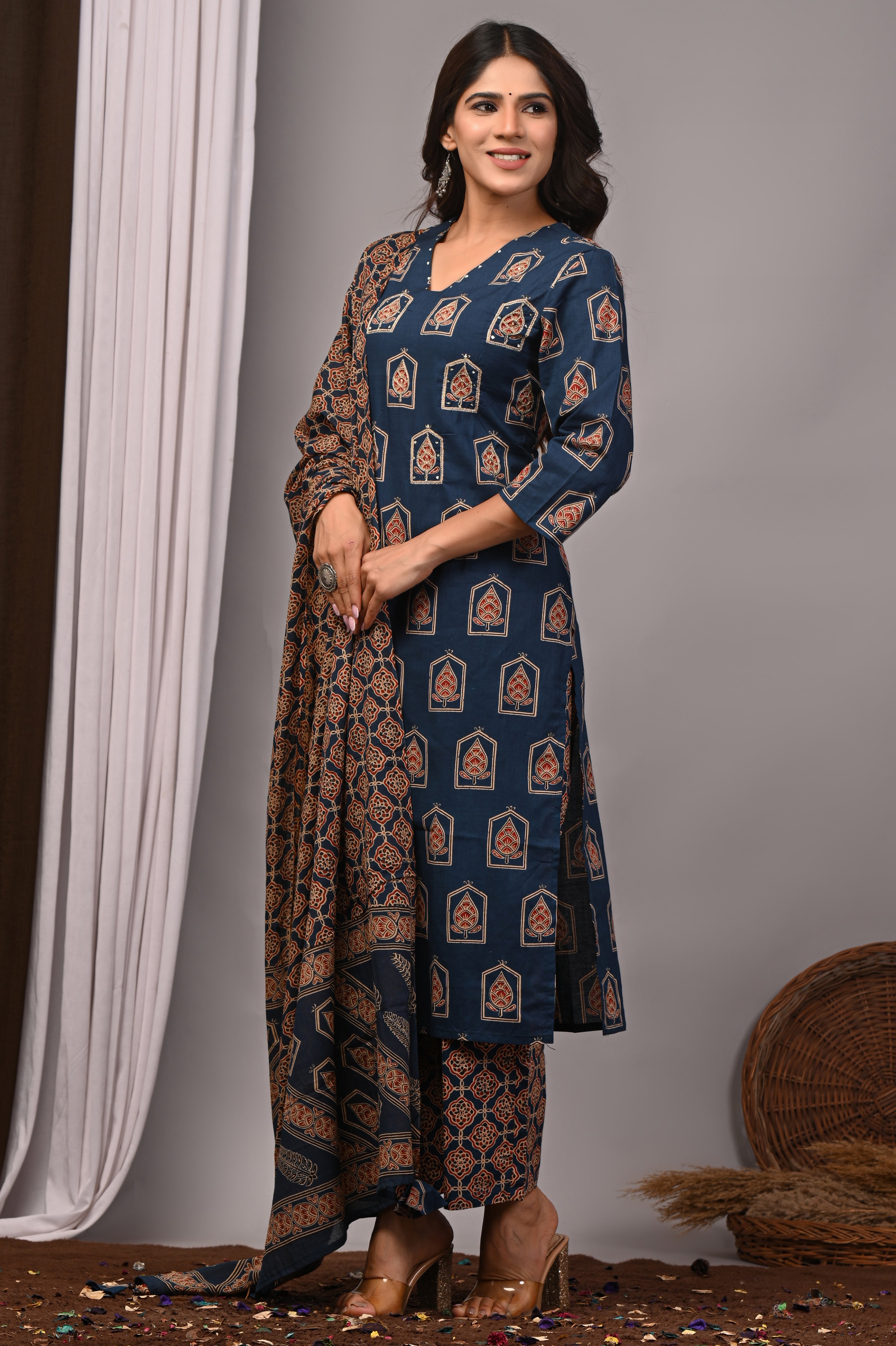 Indigo Blue Jharokha Motif Straight Kurta Palazzo Set