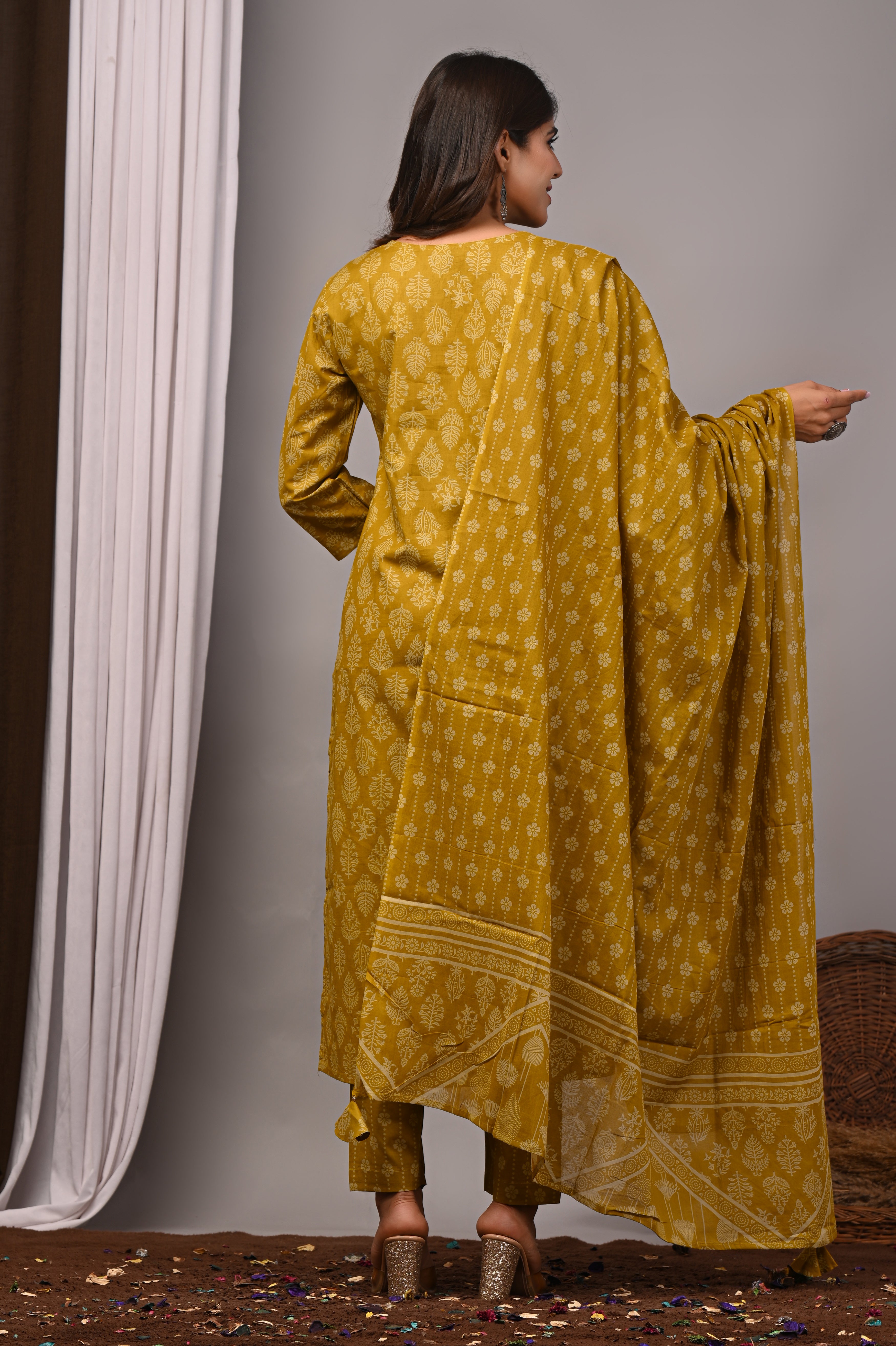 Mustard Yellow Cotton Straight Kurta Pant Set