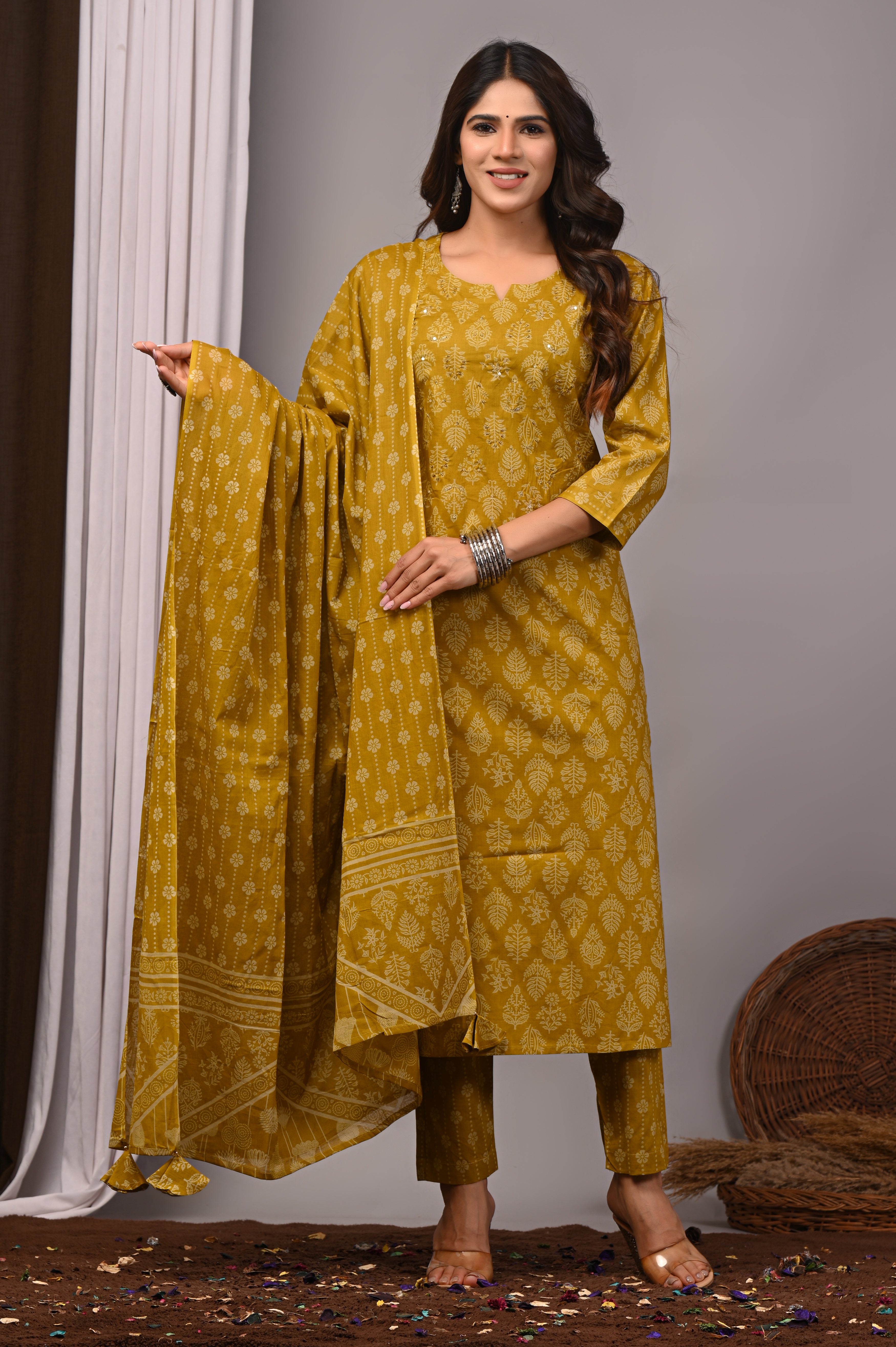 Mustard Yellow Cotton Straight Kurta Pant Set
