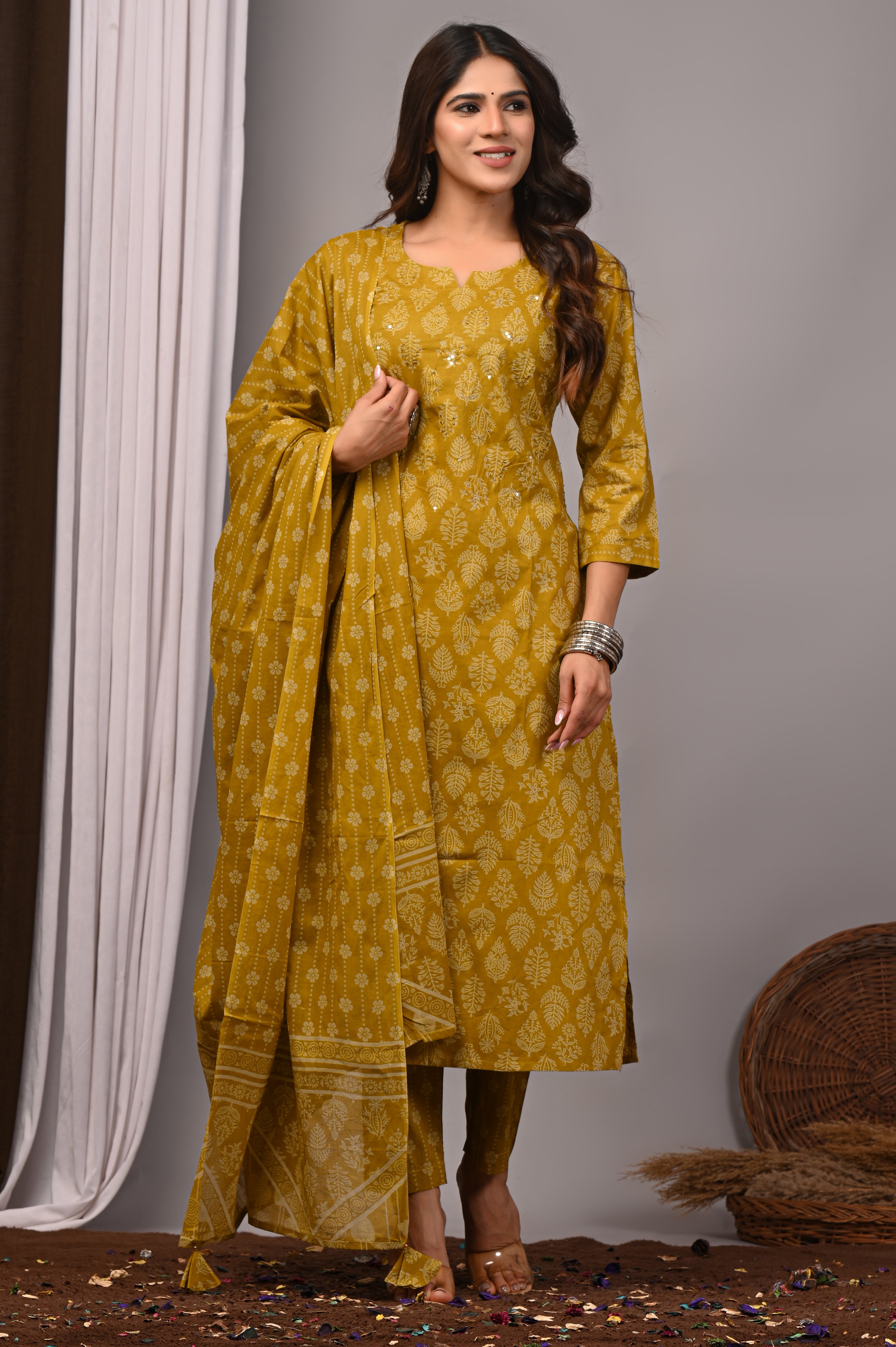 Mustard Yellow Cotton Straight Kurta Pant Set