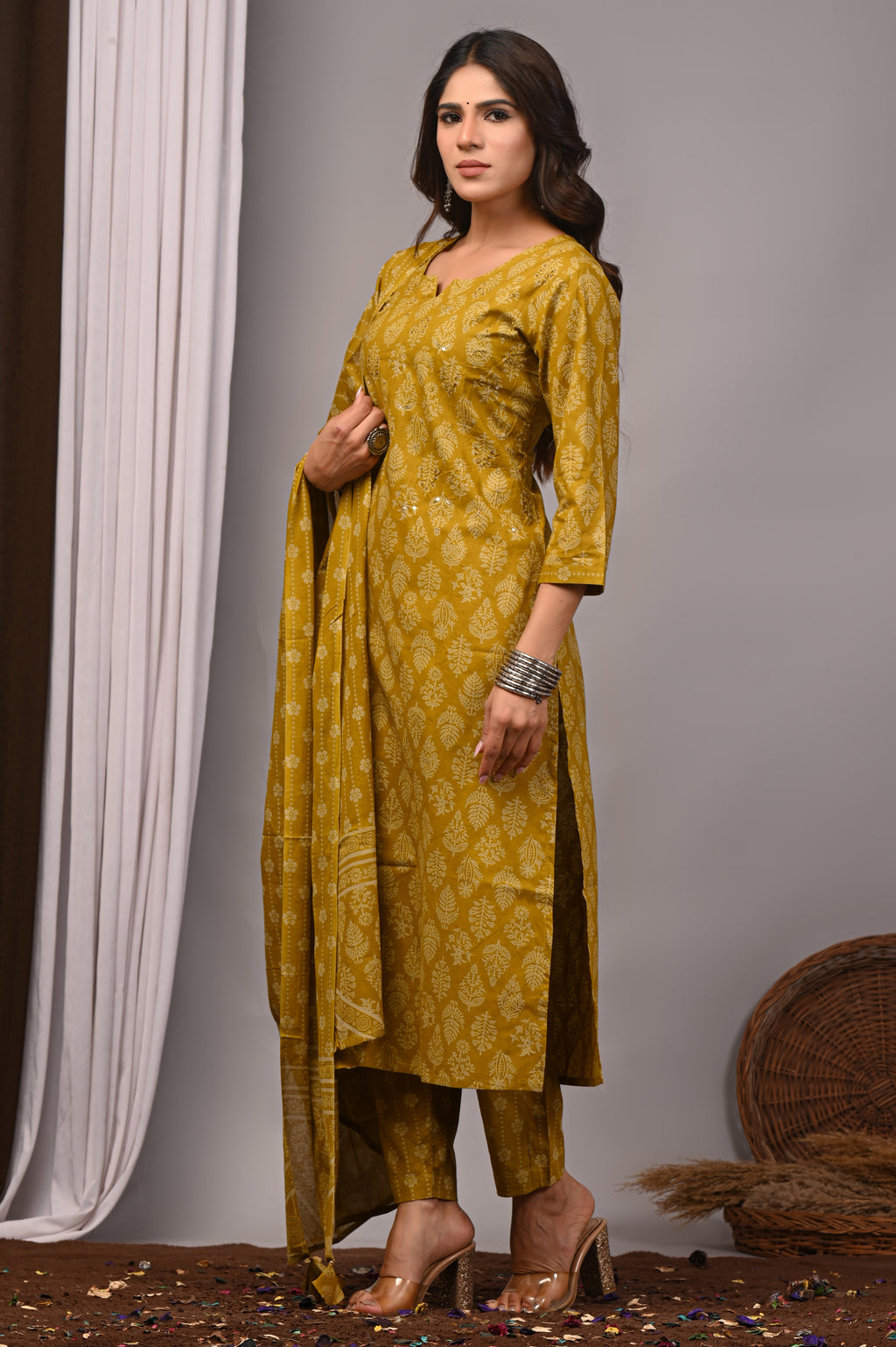 Mustard Yellow Cotton Straight Kurta Pant Set