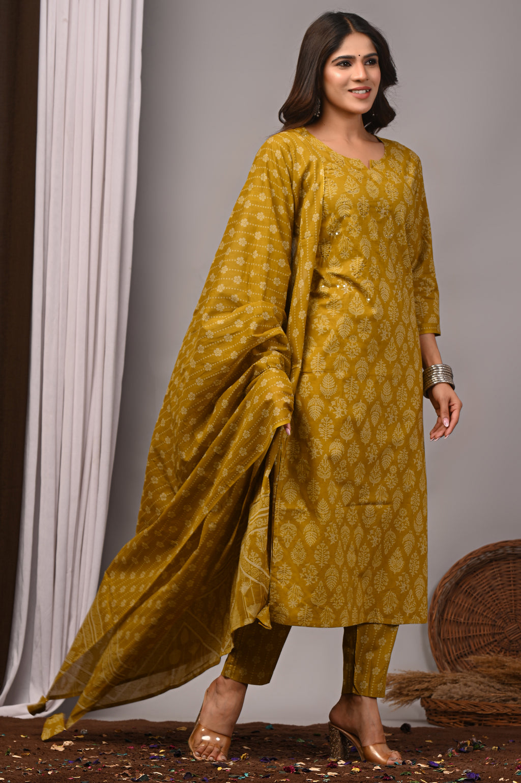 Mustard Yellow Cotton Straight Kurta Pant Set
