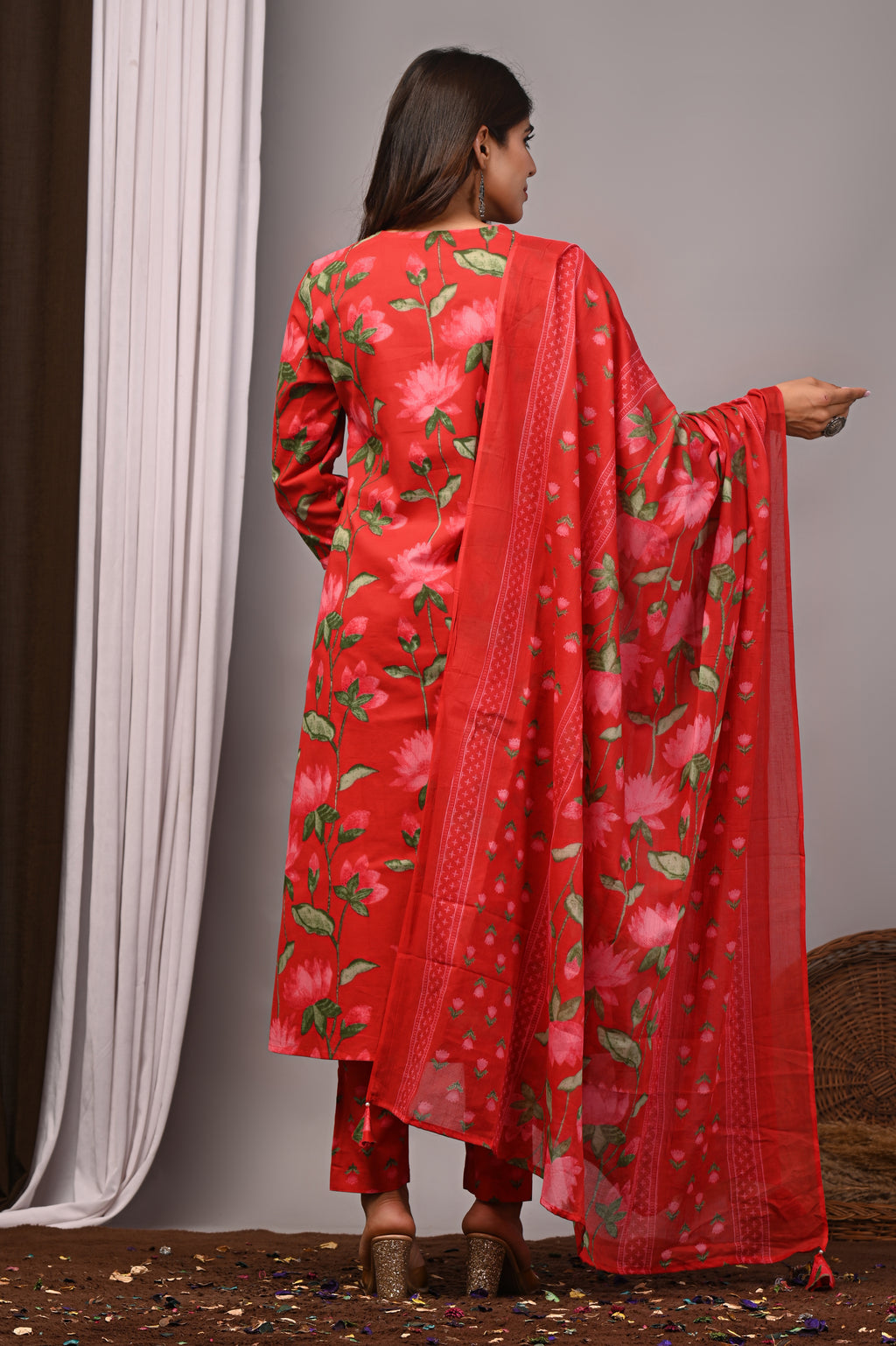 Red & Pink Floral Cotton Angarkha A-Line Set
