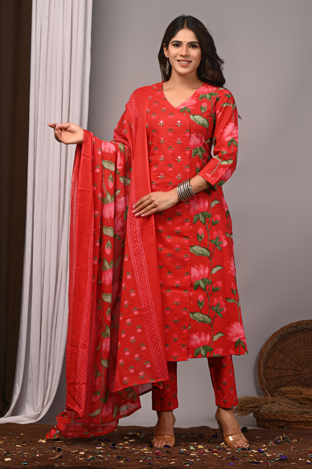 Red & Pink Floral Cotton Angarkha A-Line Set