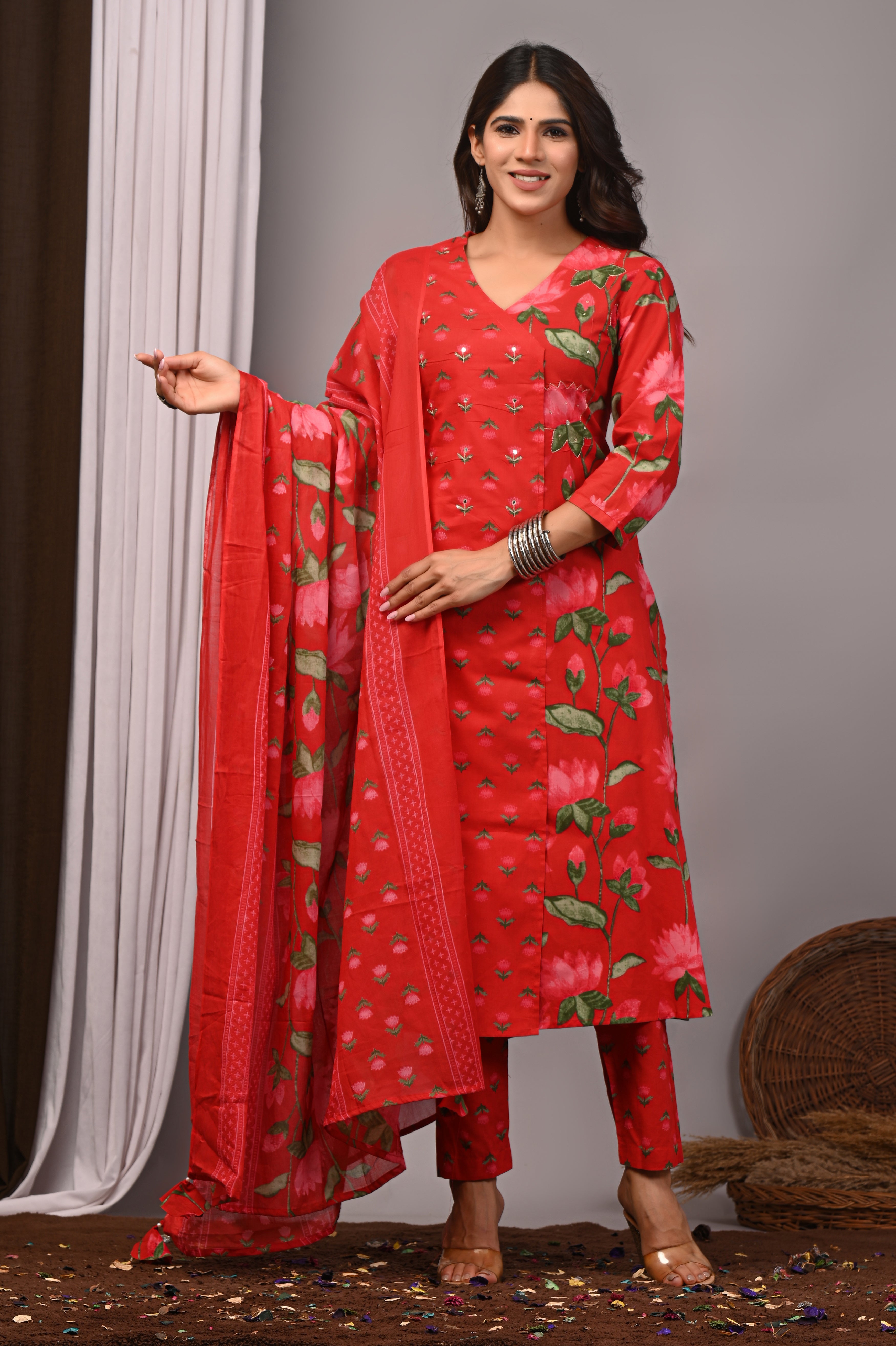Red & Pink Floral Cotton Angarkha A-Line Set