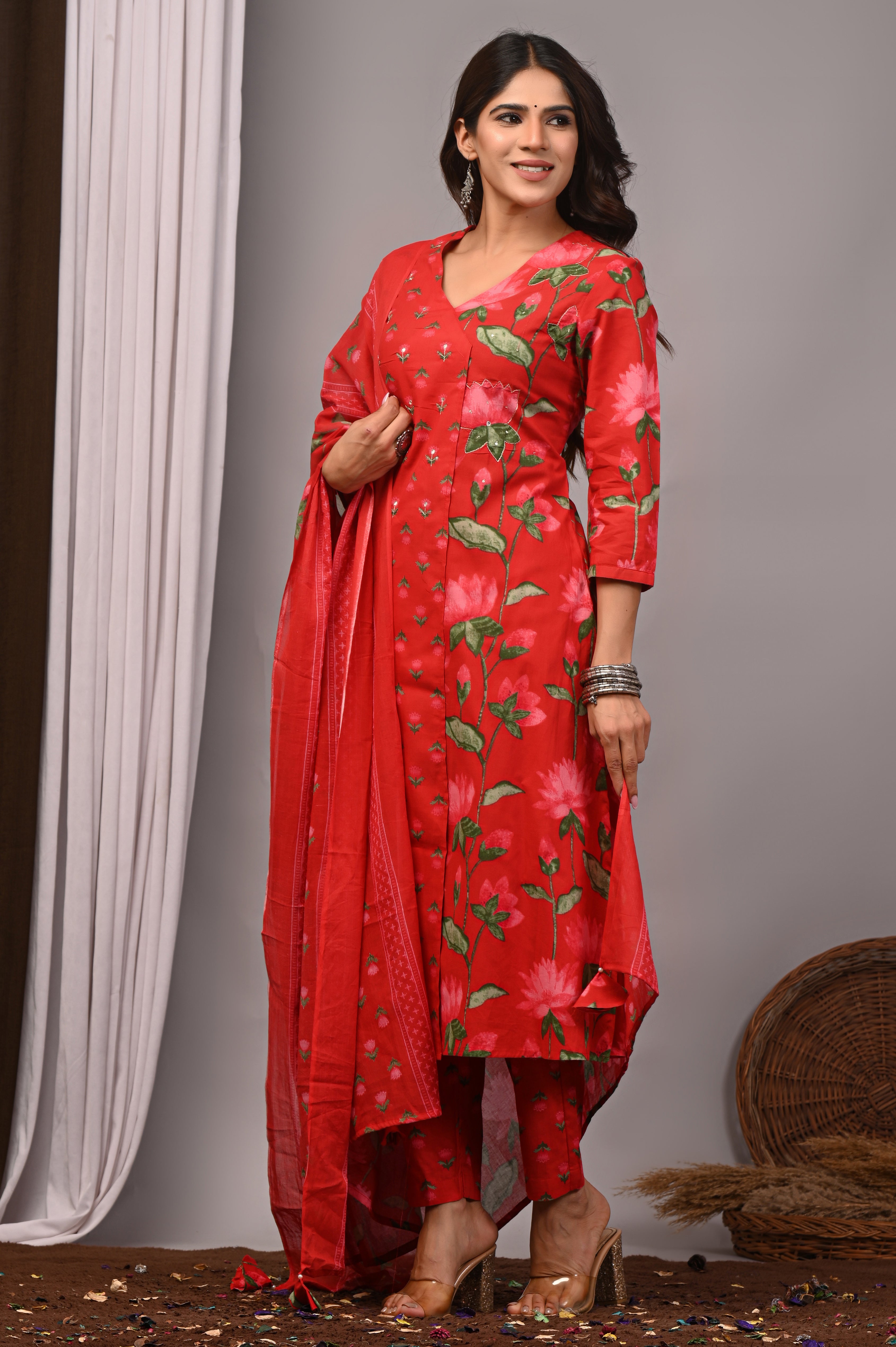 Red & Pink Floral Cotton Angarkha A-Line Set
