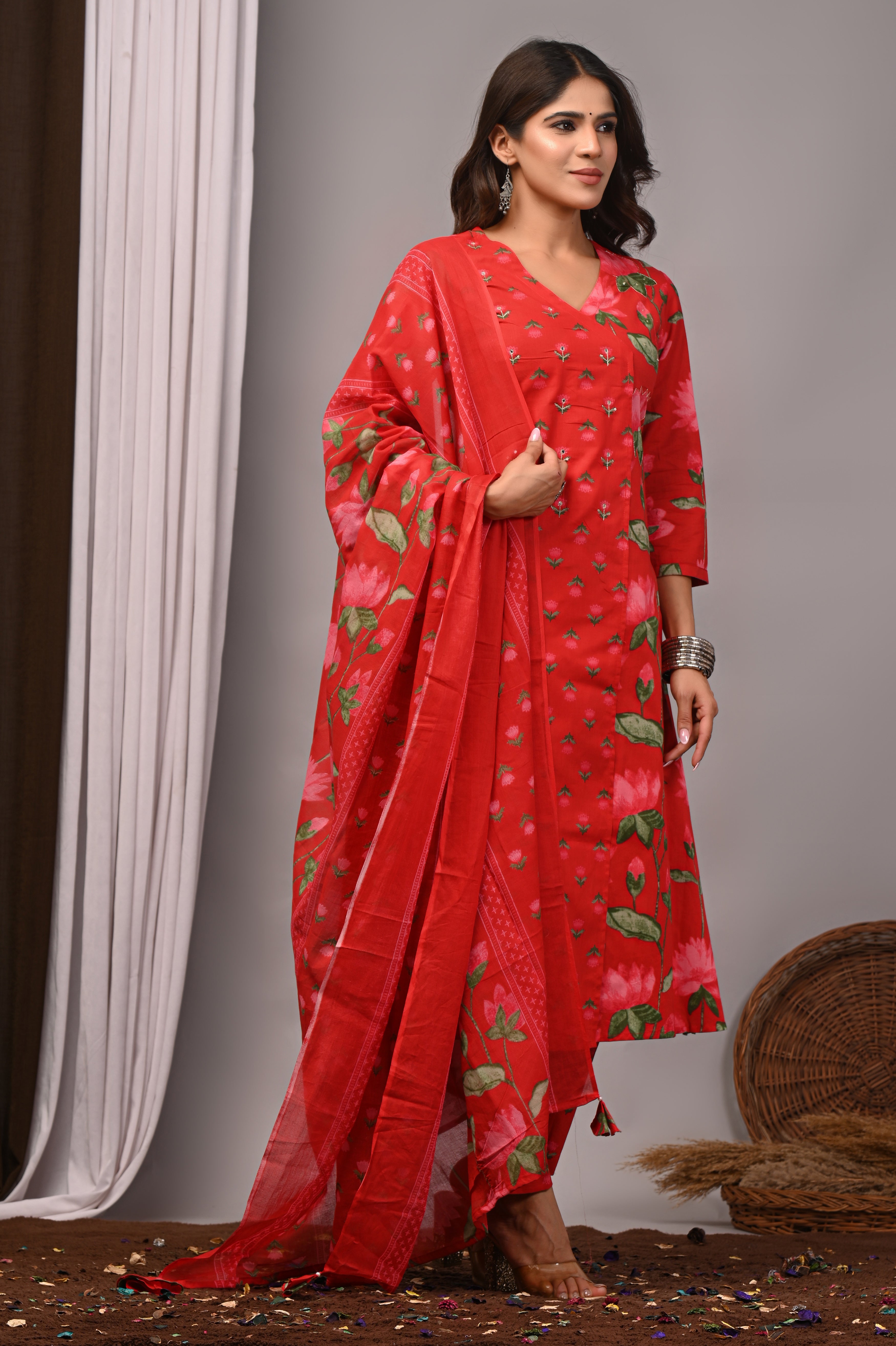 Red & Pink Floral Cotton Angarkha A-Line Set