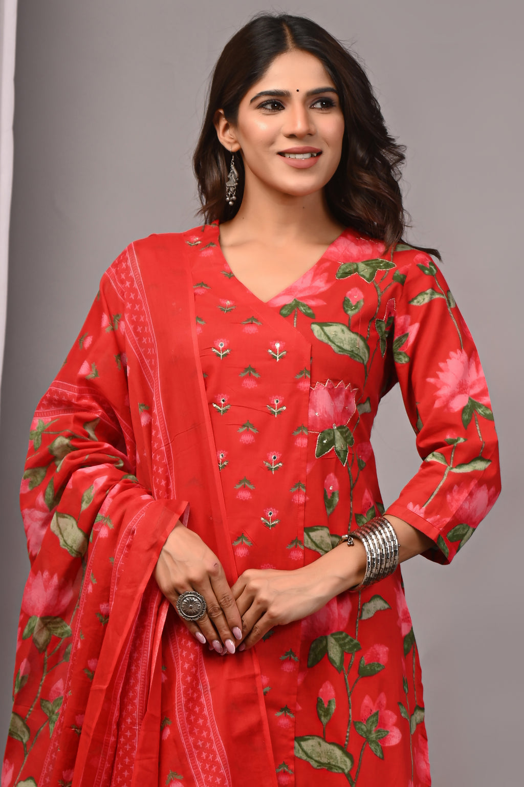 Red & Pink Floral Cotton Angarkha A-Line Set