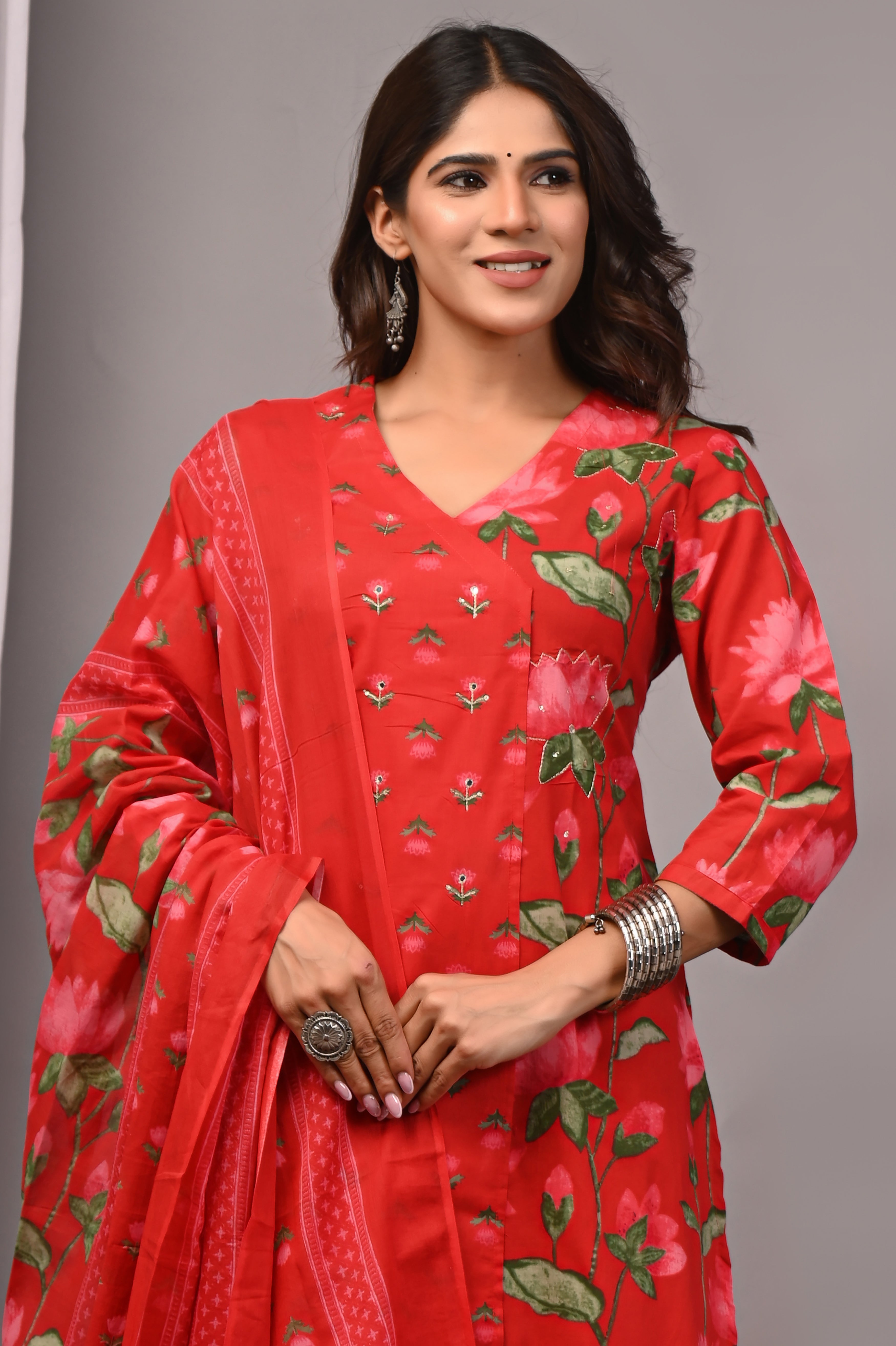 Red & Pink Floral Cotton Angarkha A-Line Set