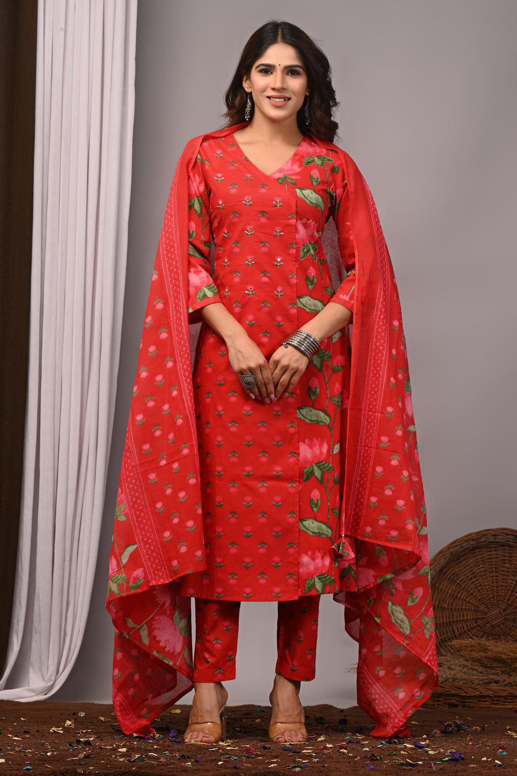 Red & Pink Floral Cotton Angarkha A-Line Set