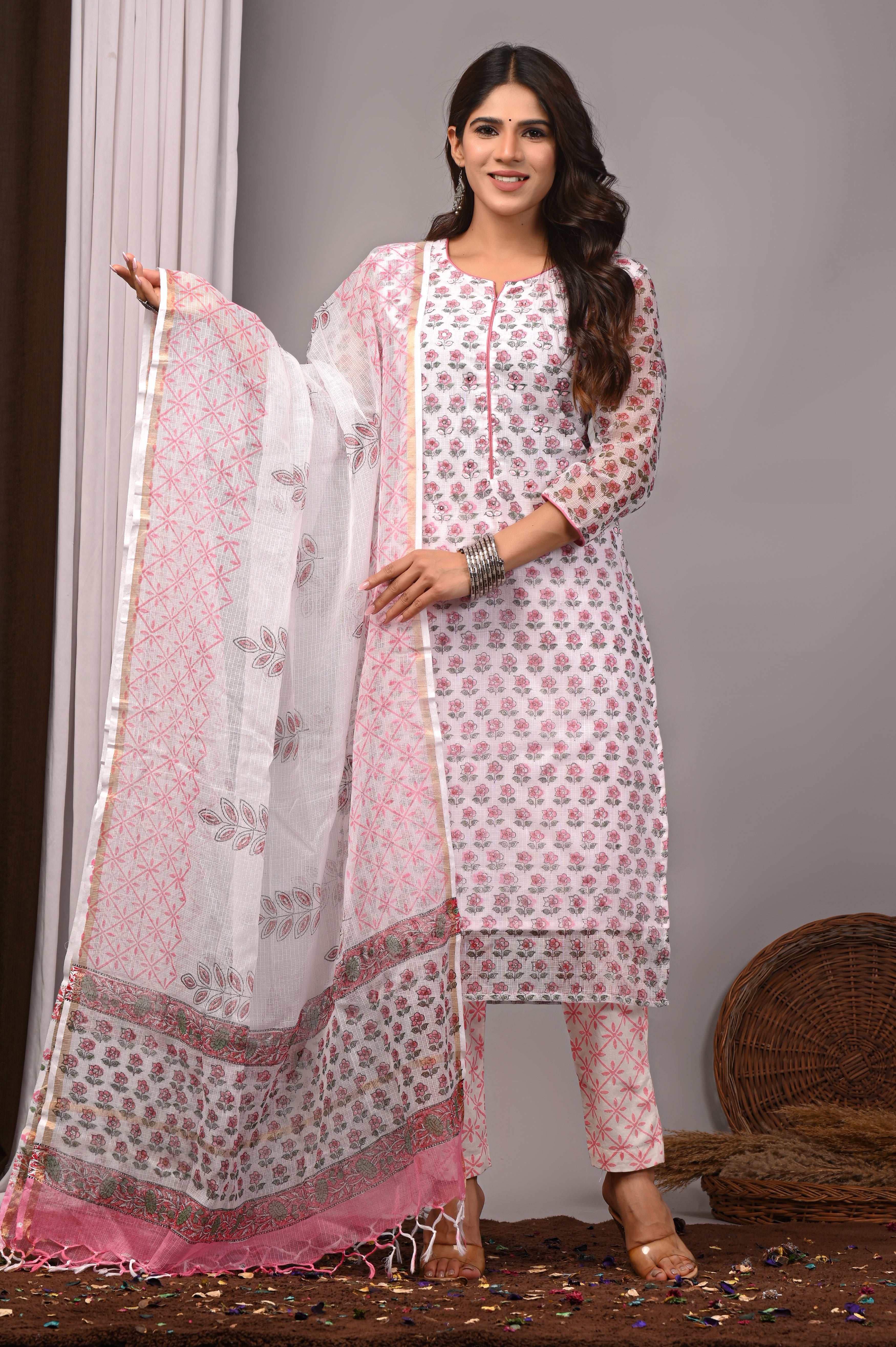 White & Soft Pink Floral Handblock Kota Doria Set with Sequin & Tubelight Work