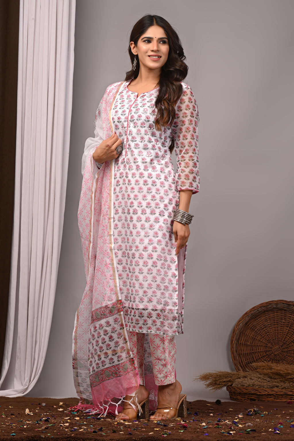 White & Soft Pink Floral Handblock Kota Doria Set with Sequin & Tubelight Work