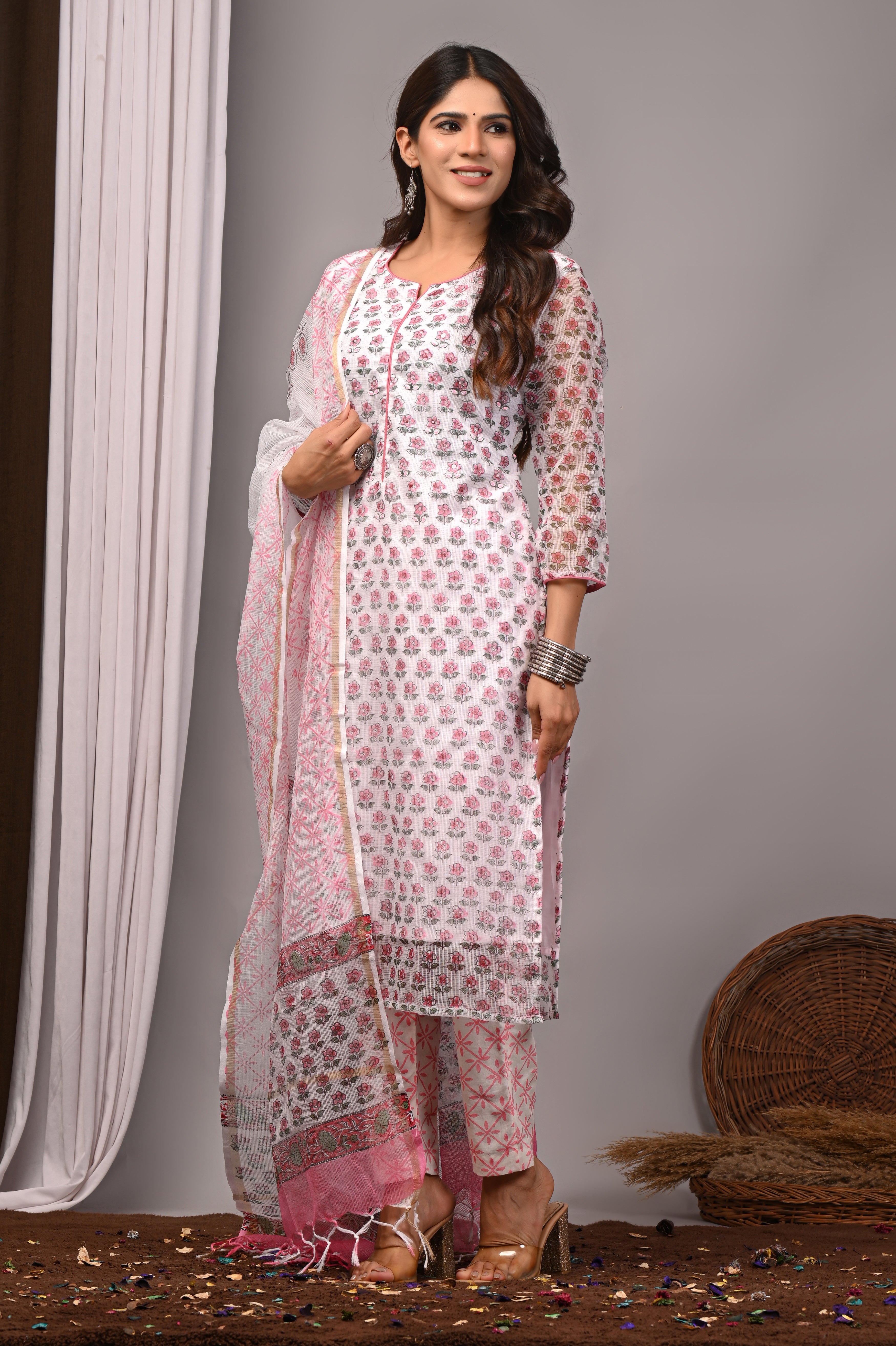 White & Soft Pink Floral Handblock Kota Doria Set with Sequin & Tubelight Work