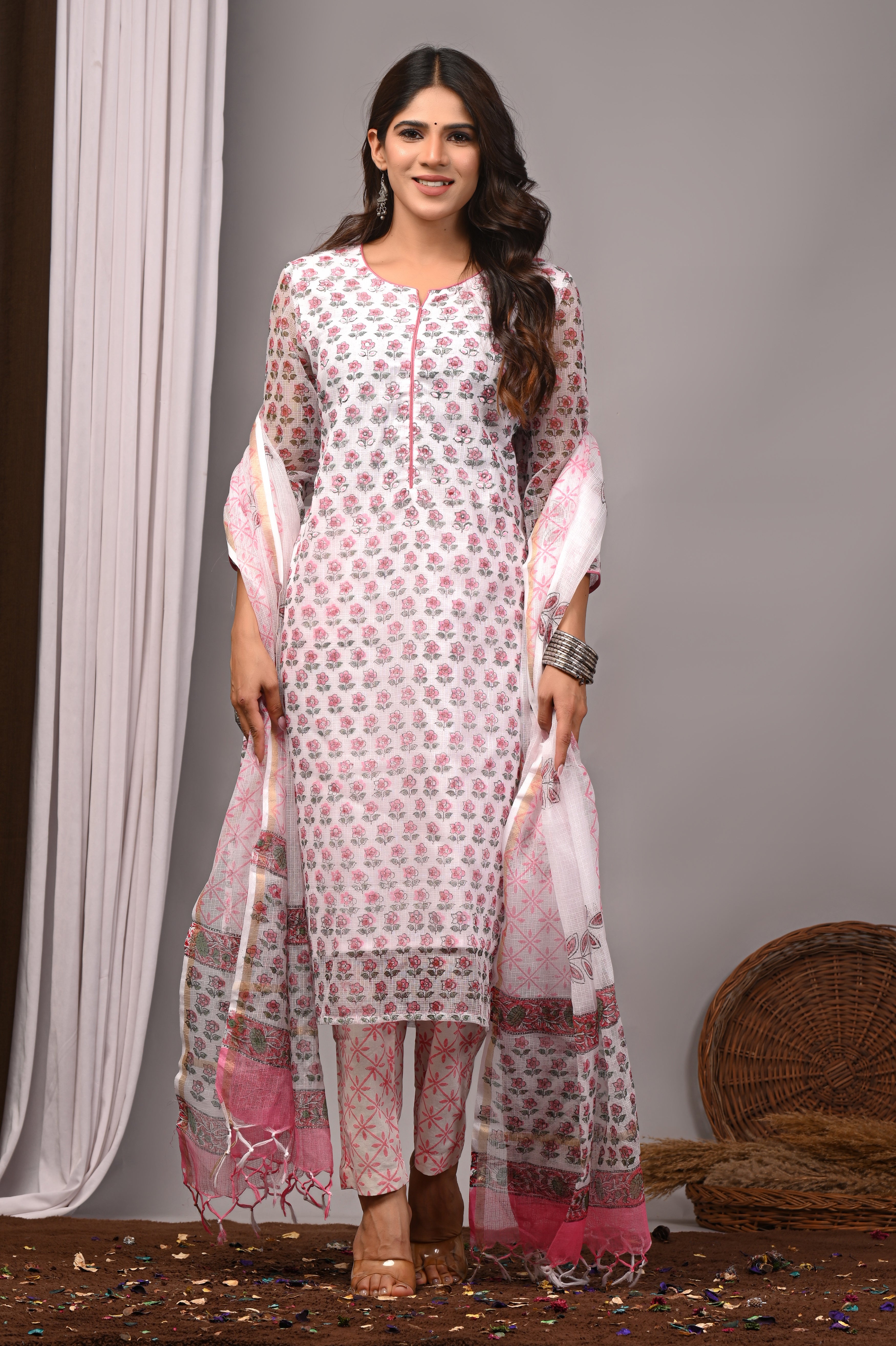 White & Soft Pink Floral Handblock Kota Doria Set with Sequin & Tubelight Work