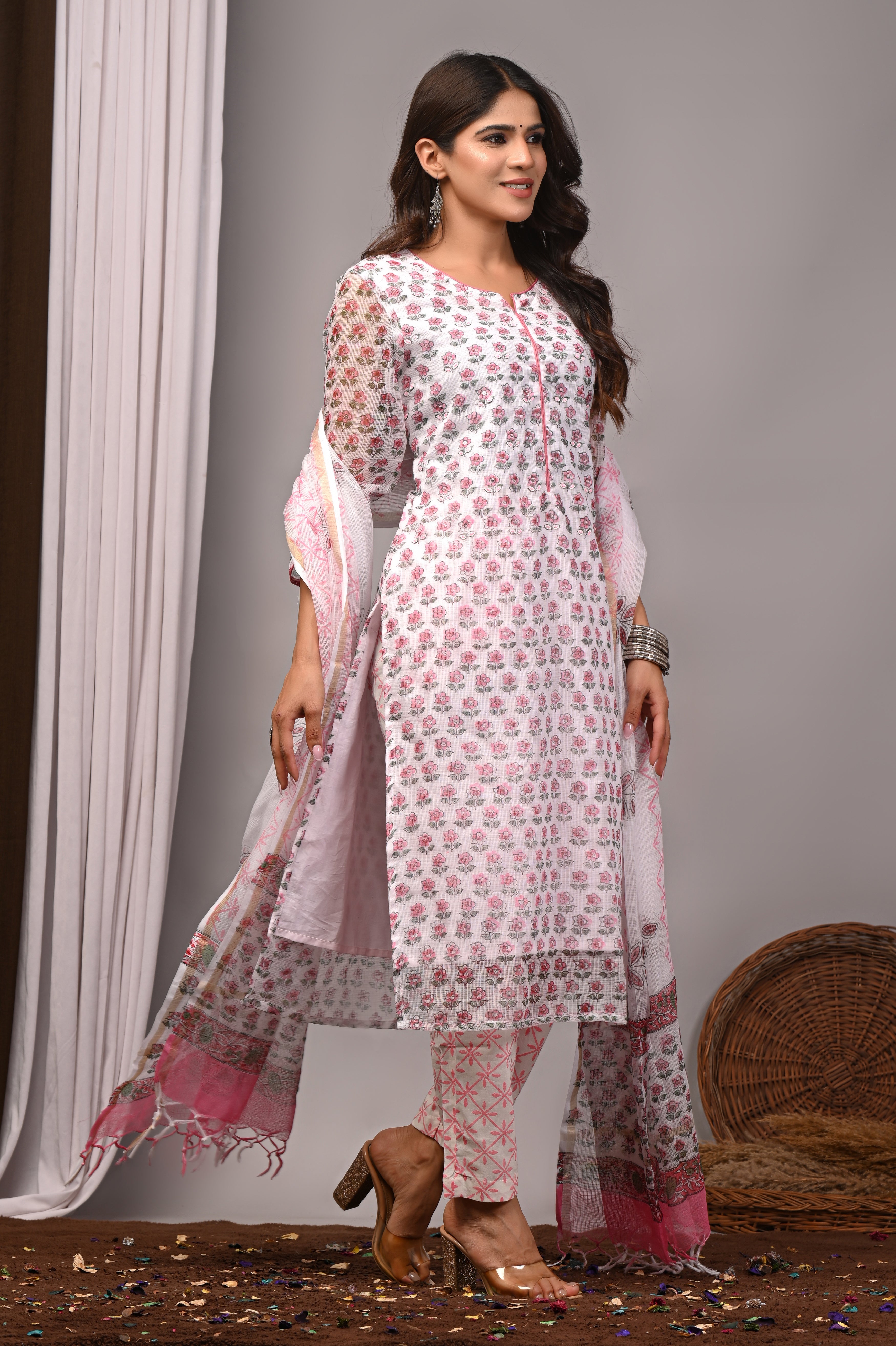 White & Soft Pink Floral Handblock Kota Doria Set with Sequin & Tubelight Work