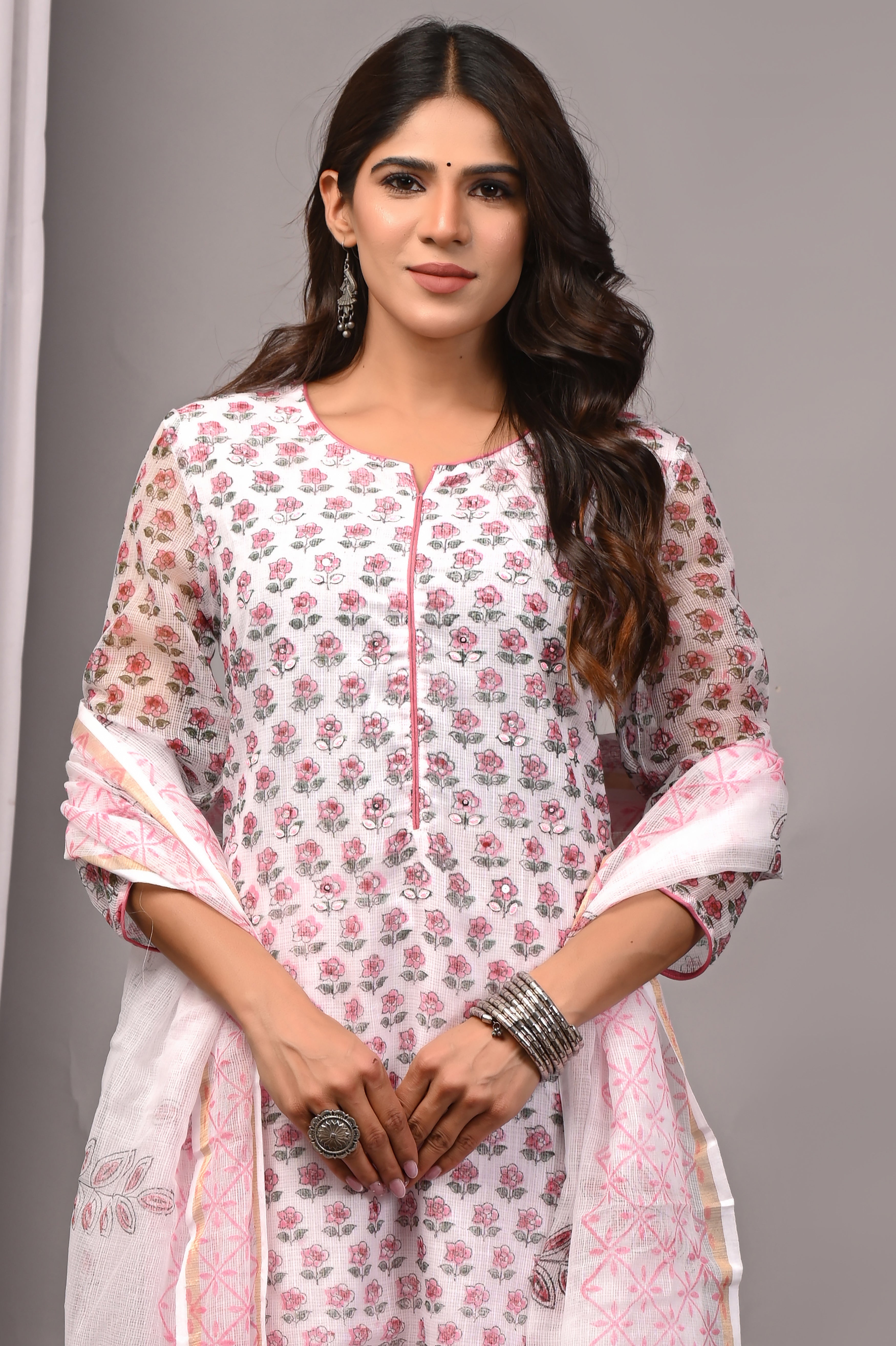 White & Soft Pink Floral Handblock Kota Doria Set with Sequin & Tubelight Work